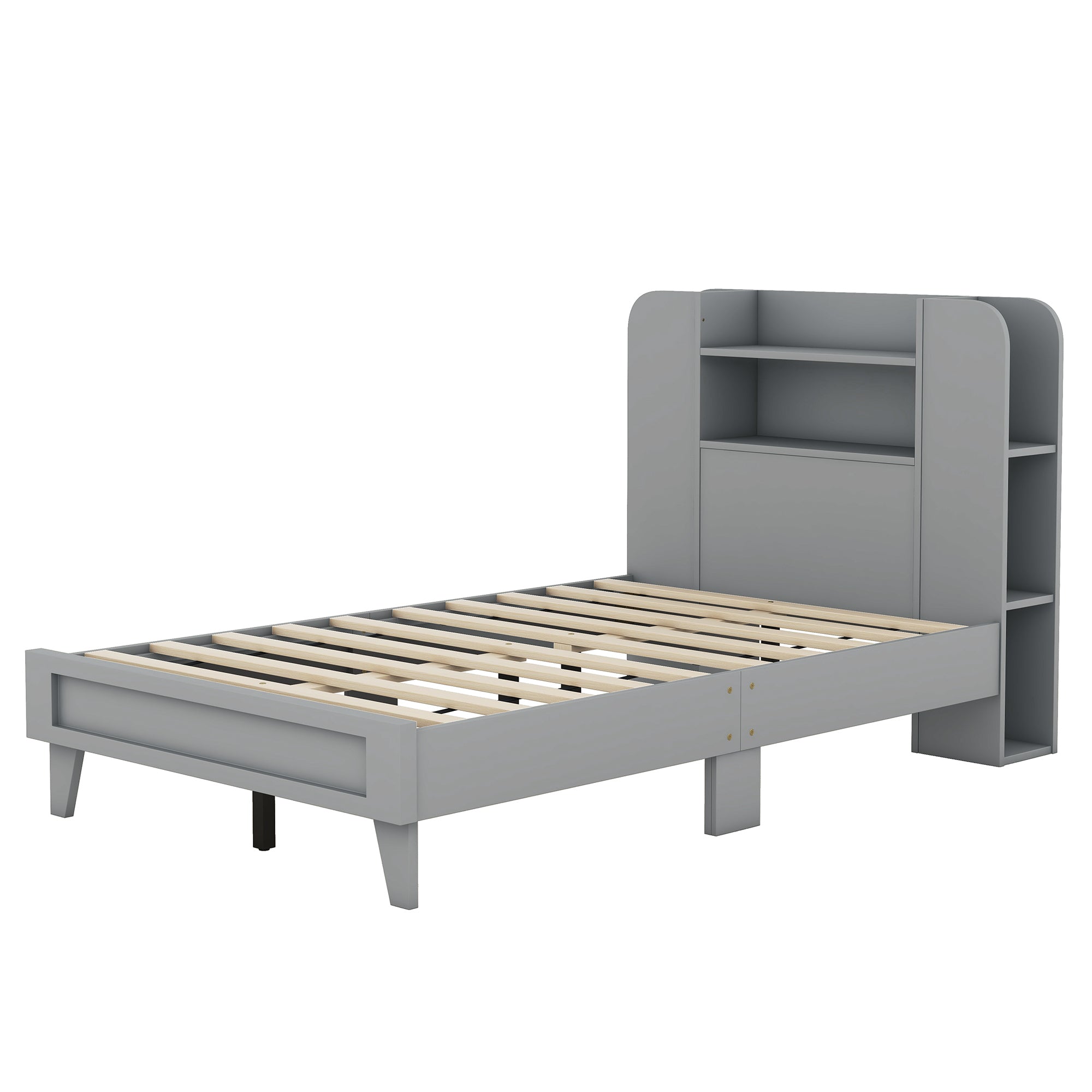 Twin Size Platform Bed with Storage Headboard,Multiple Storage Shelves on Both Sides,Grey - Atlantic Fine Furniture Melbourne FL