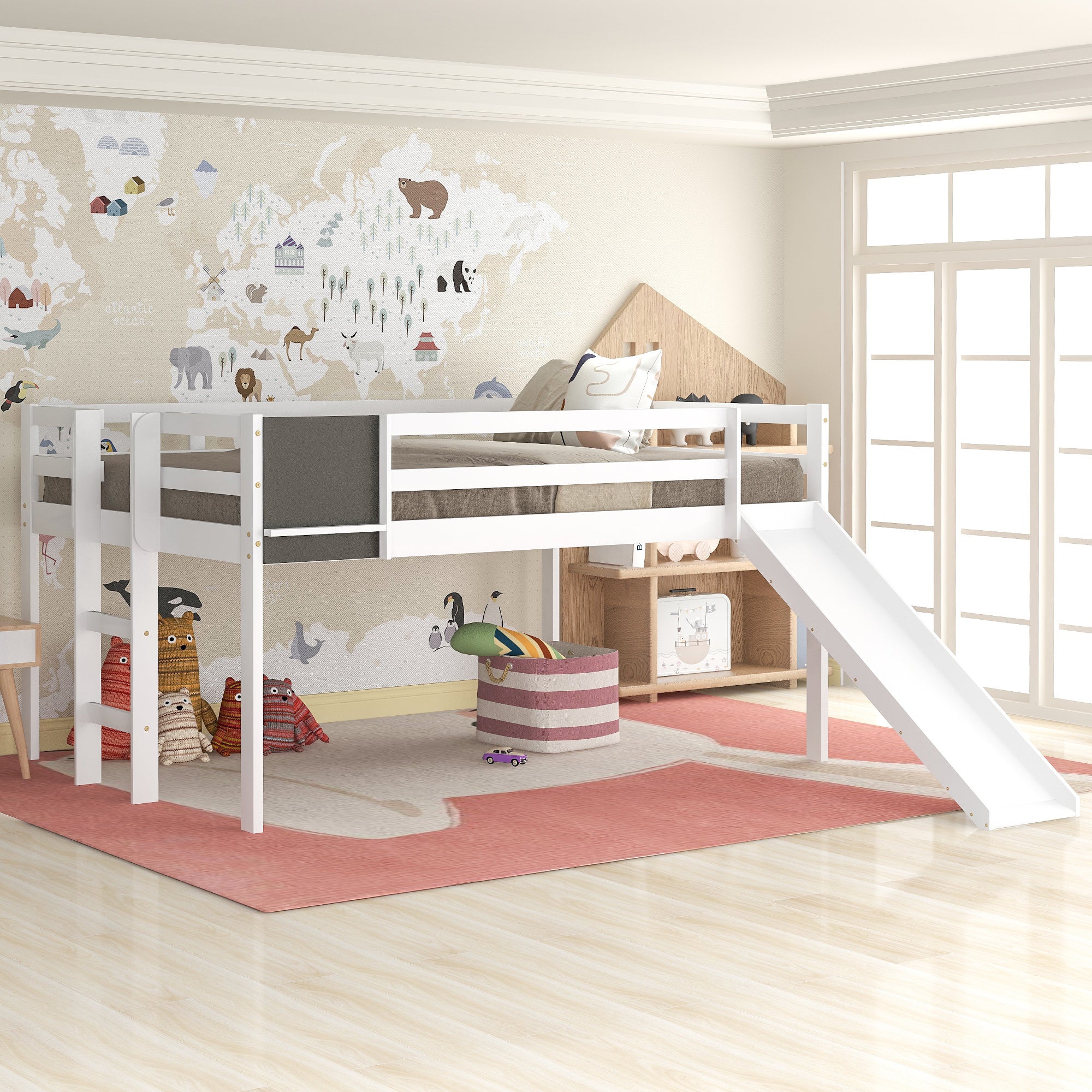Full size Loft Bed Wood Bed with Slide, Stair and Chalkboard,White(Old SKU:WF282116AAK) - Atlantic Fine Furniture Melbourne FL