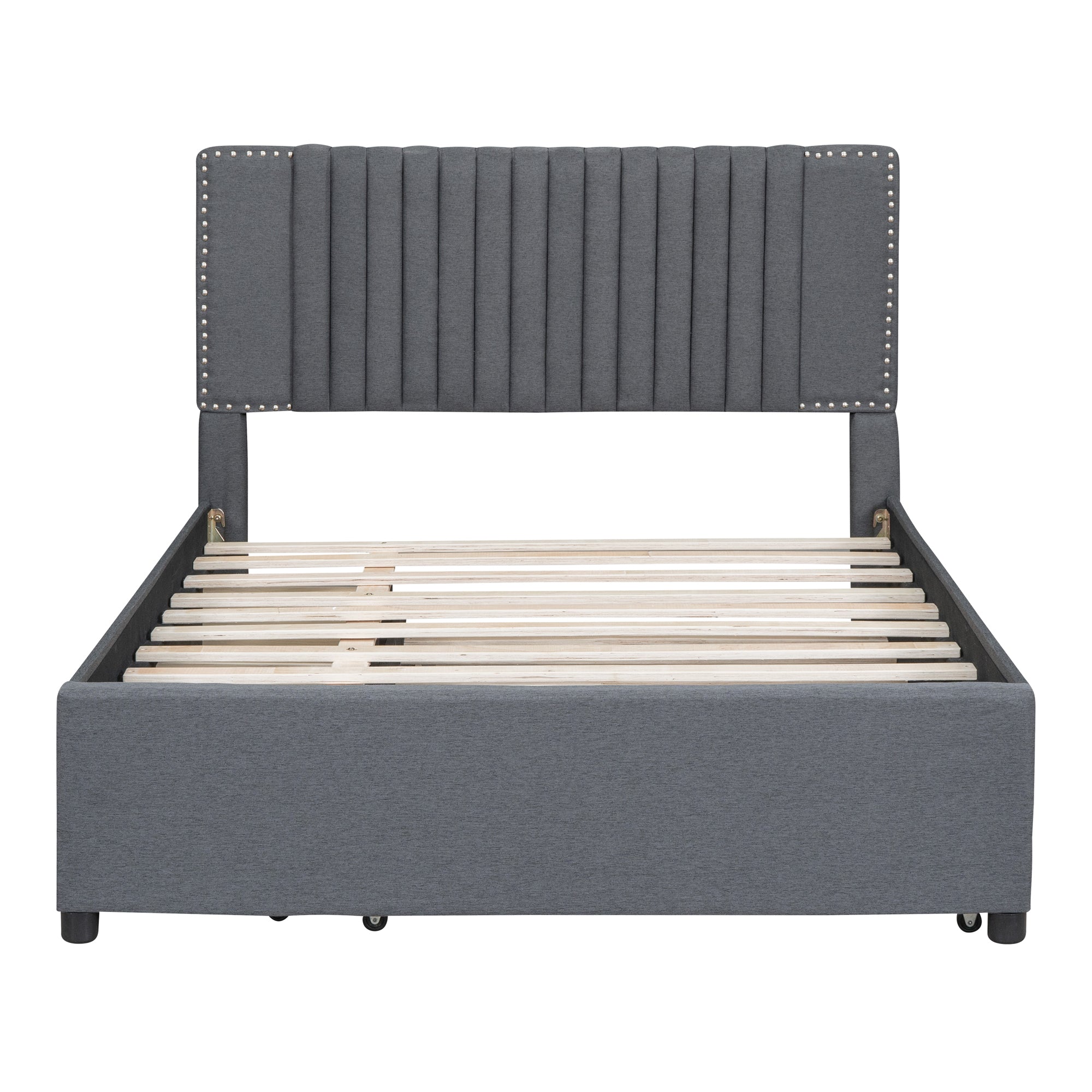 Full Size Upholstered Platform Bed with 2 Drawers and 1 Twin Size Trundle, Classic Headboard Design, Gray - Atlantic Fine Furniture Melbourne FL