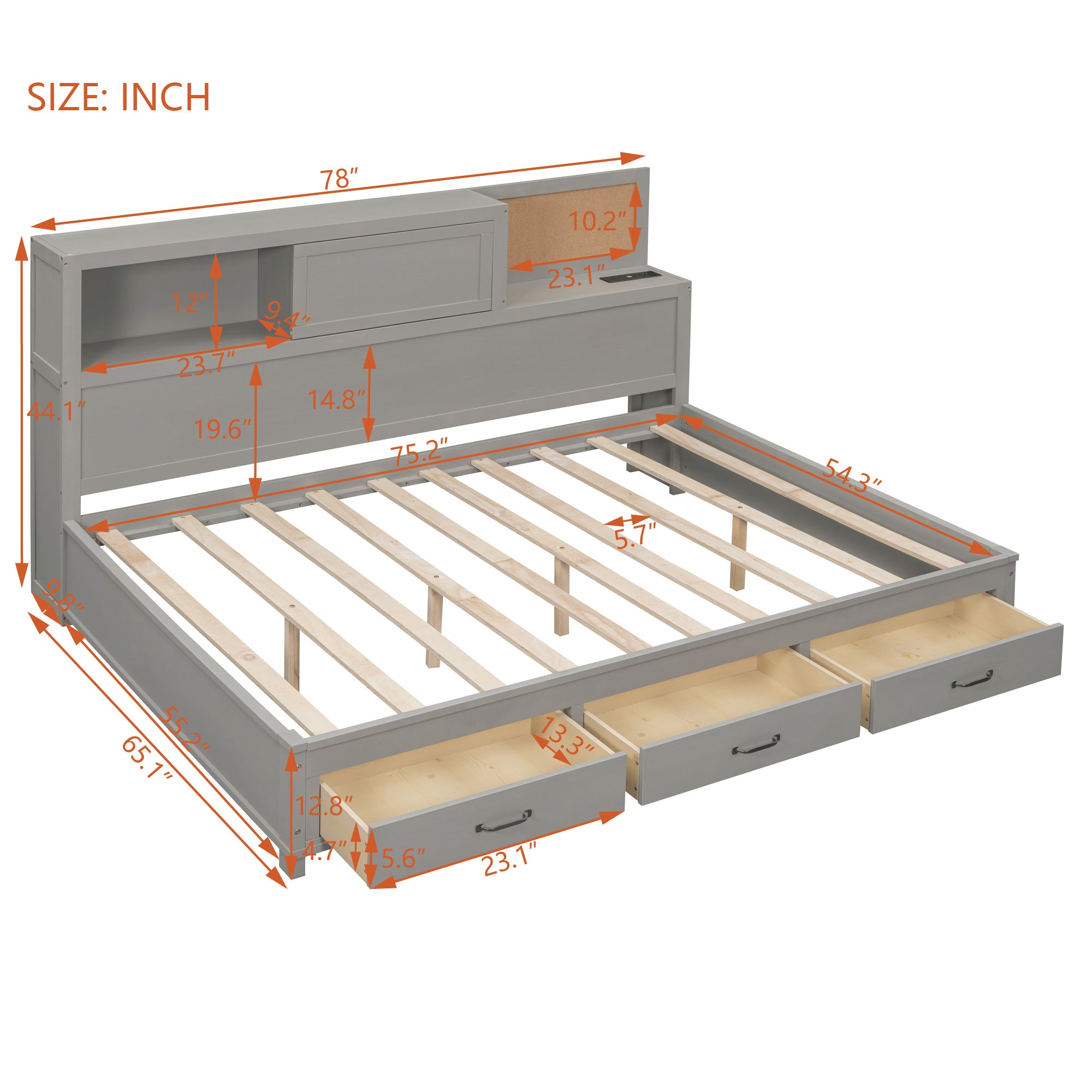 Full Size Wooden Daybed with 3 Storage Drawers, Upper Soft Board, shelf, and a set of Sockets and USB Ports, Gray - Atlantic Fine Furniture Melbourne FL