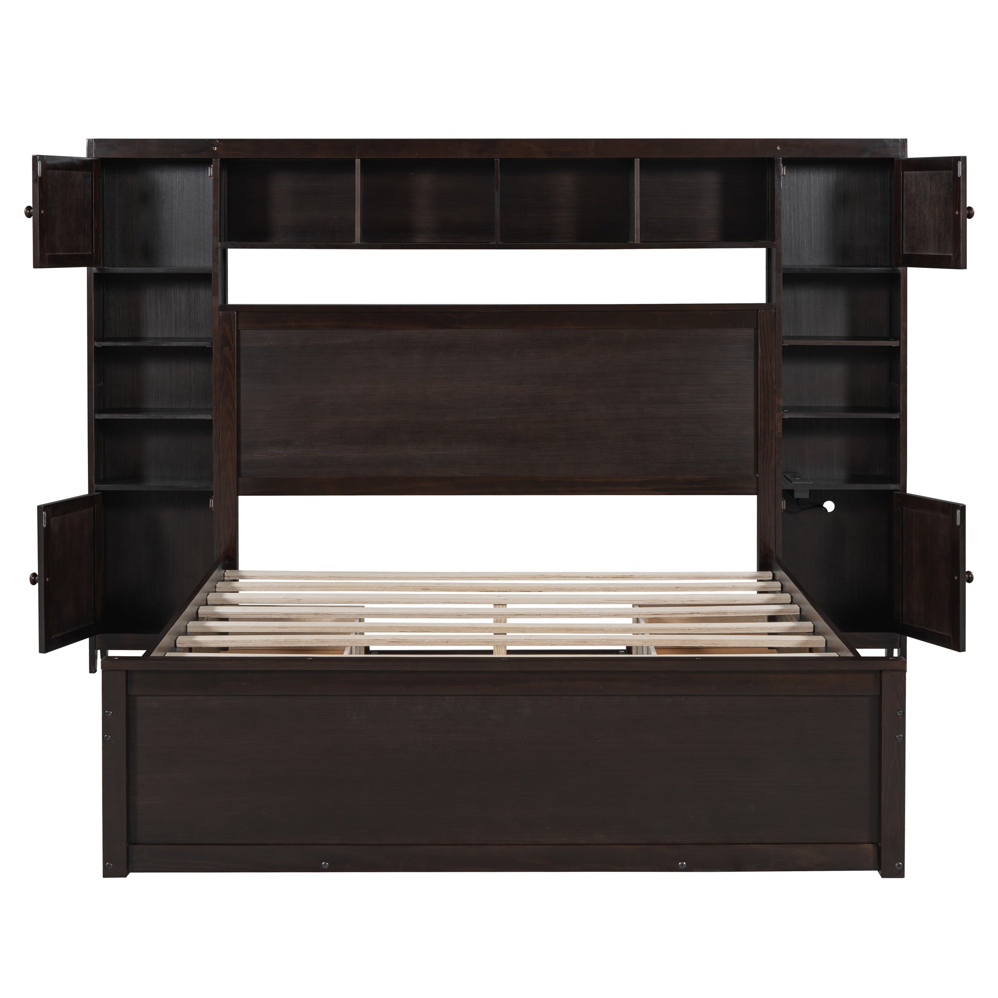 Queen Size Wooden Bed With All-in-One Cabinet, Shelf and Sockets, Espresso - Atlantic Fine Furniture Melbourne FL