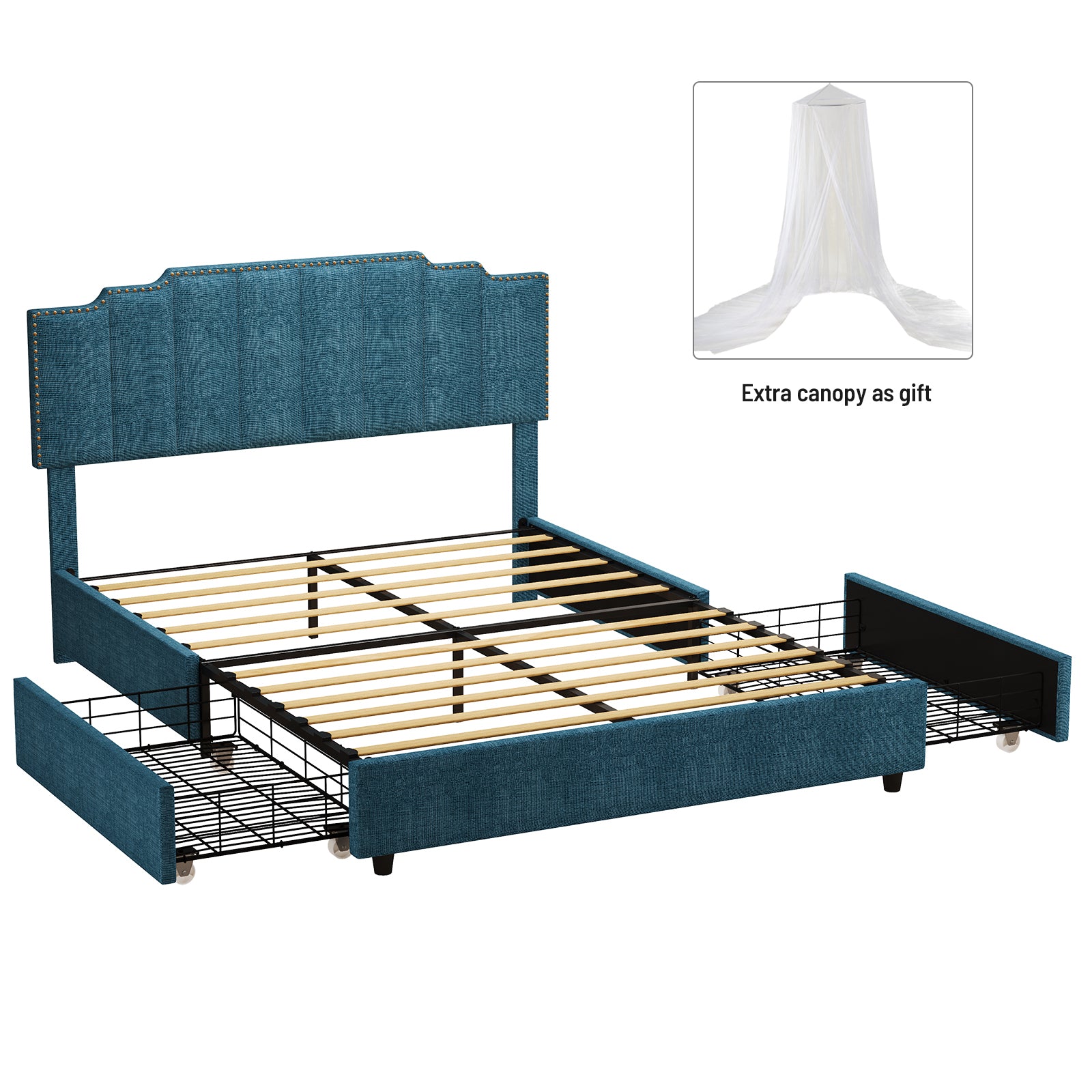 Queen Size Upholstered Platform Bed Linen Bed Frame with 2 Drawers Stitched Padded Headboard with Rivets Design Strong Bed Slats System No Box Spring Needed Blue - Atlantic Fine Furniture Melbourne FL