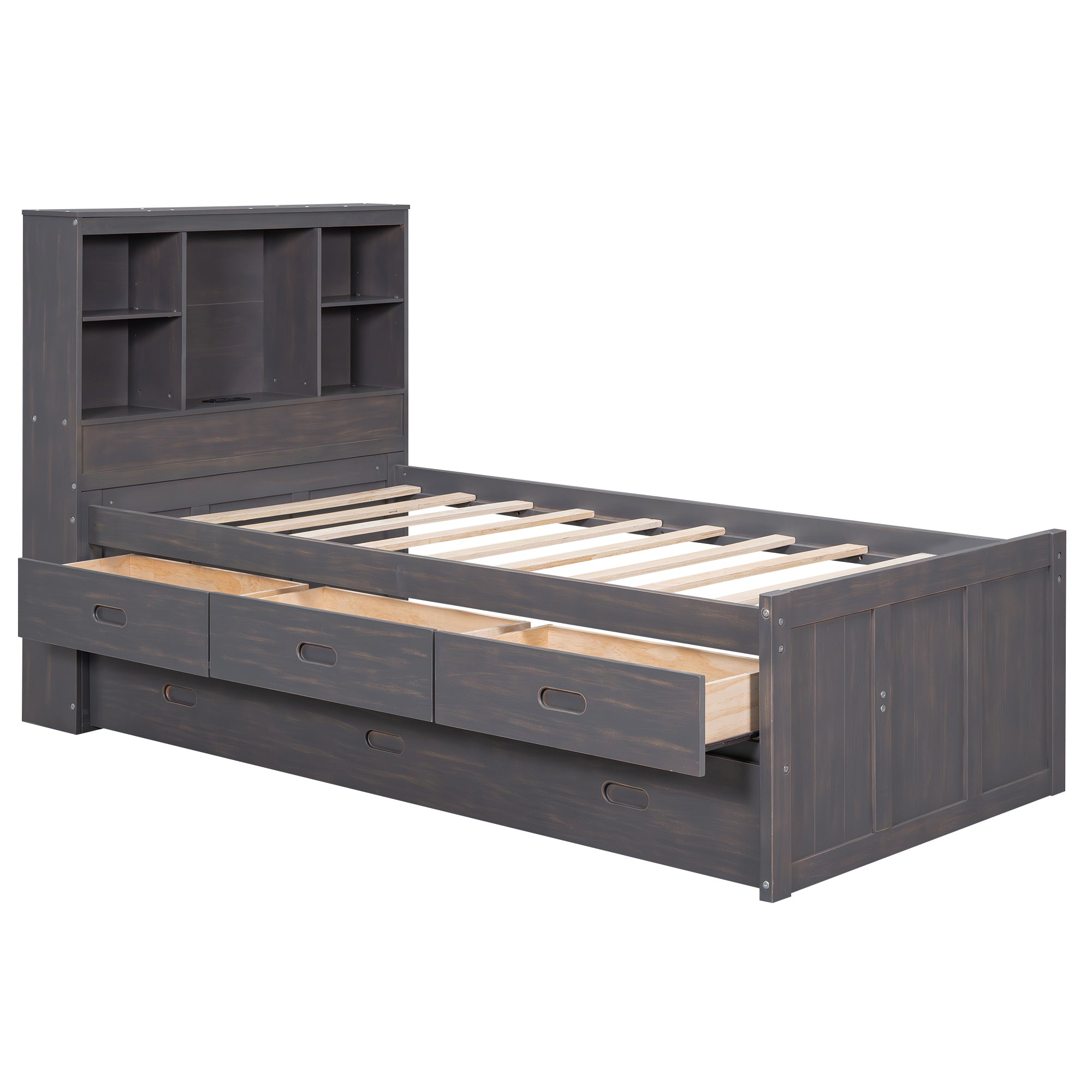 Twin Size Platform Bed with Storage Headboard, Charging Station, Twin Size Trundle and 3 Drawers, Antique Brown - Atlantic Fine Furniture Melbourne FL