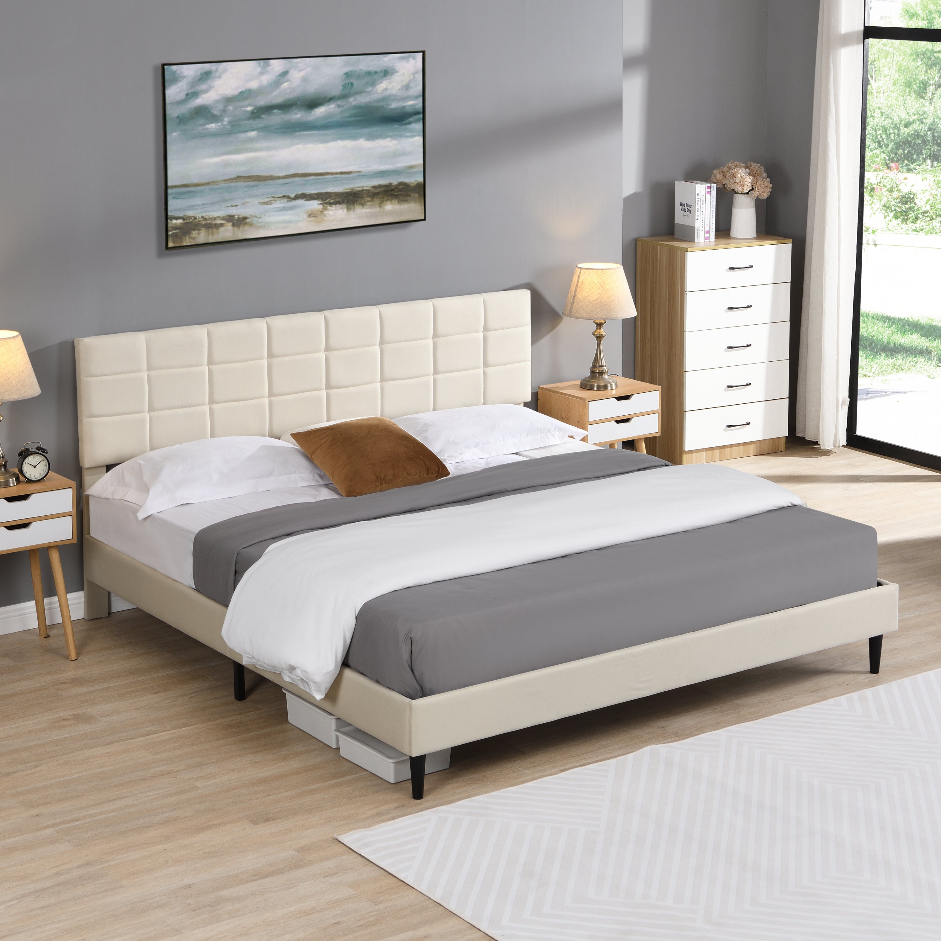 King Size Platform Bed Frame with Fabric Upholstered Headboard and Wooden Slats, No Box Spring Needed/Easy Assembly, Dark Beige - Atlantic Fine Furniture Melbourne FL