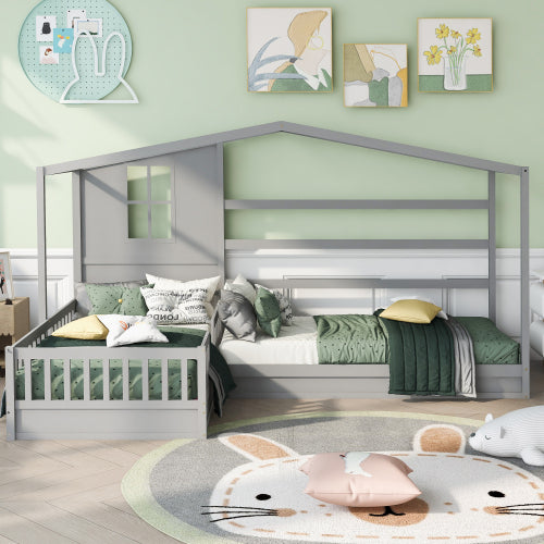 Wood House Bed Twin Size, 2 Twin Solid Bed L structure with fence and slatted frame, Gray - Atlantic Fine Furniture Melbourne FL