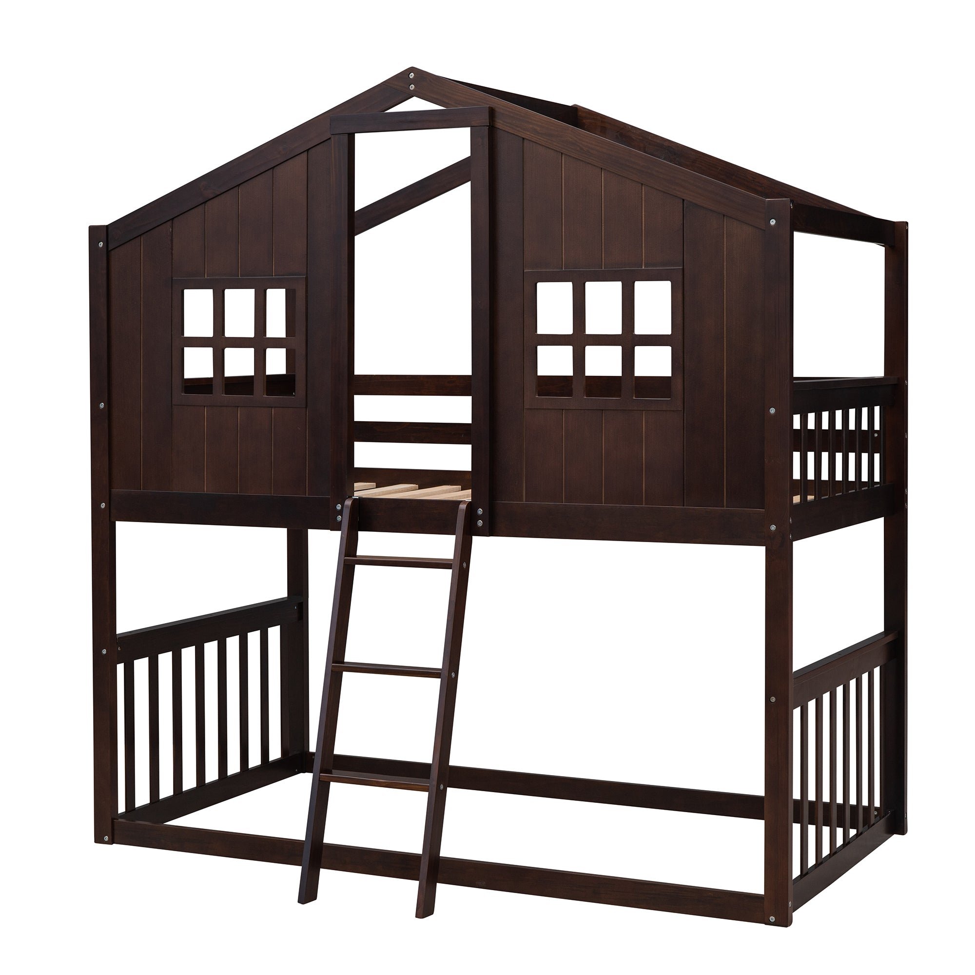 Twin Over Twin House Bunk Bed With Ladder, Wood Bed-Espresso - Atlantic Fine Furniture Melbourne FL