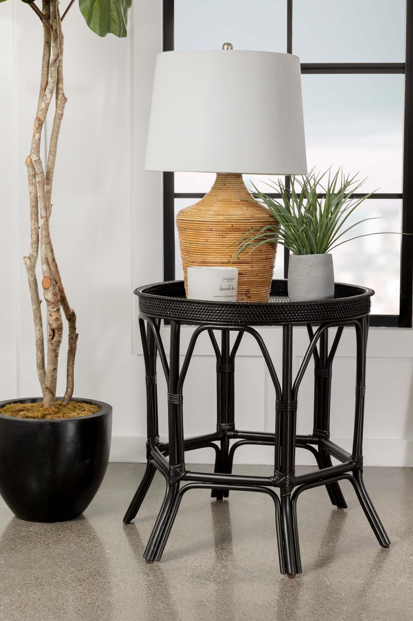 Antonio Round Rattan Tray Top Accent Side Table Black - Atlantic Fine Furniture Melbourne FL
