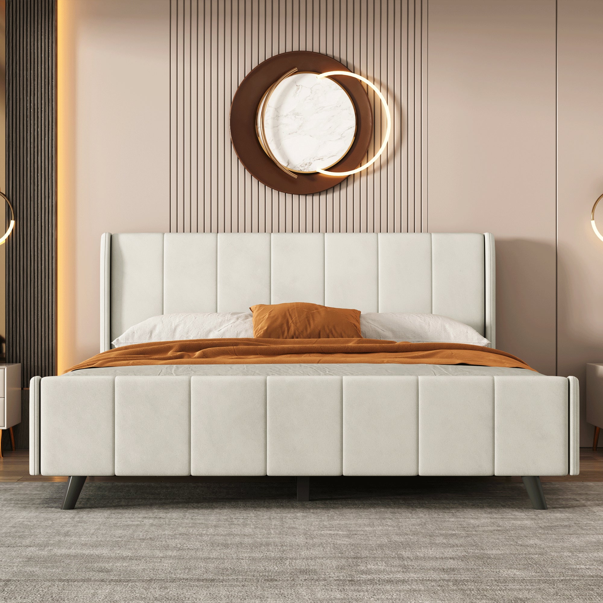 Queen Size Upholstered Platform Bed, Velvet, Beige - Atlantic Fine Furniture Melbourne FL