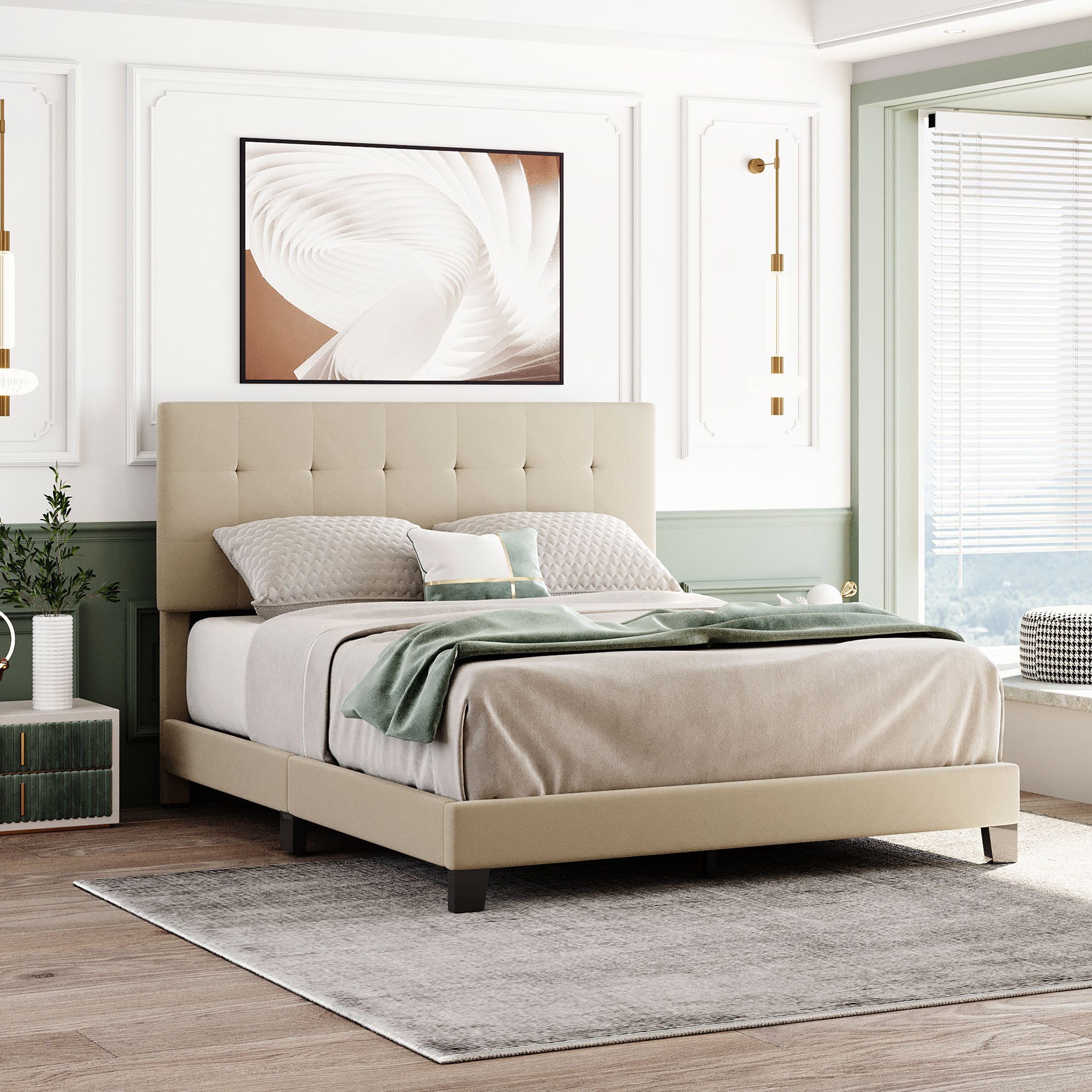 Upholstered Platform Bed with Tufted Headboard, Box Spring Needed, Beige Linen Fabric, Queen Size - Atlantic Fine Furniture Melbourne FL