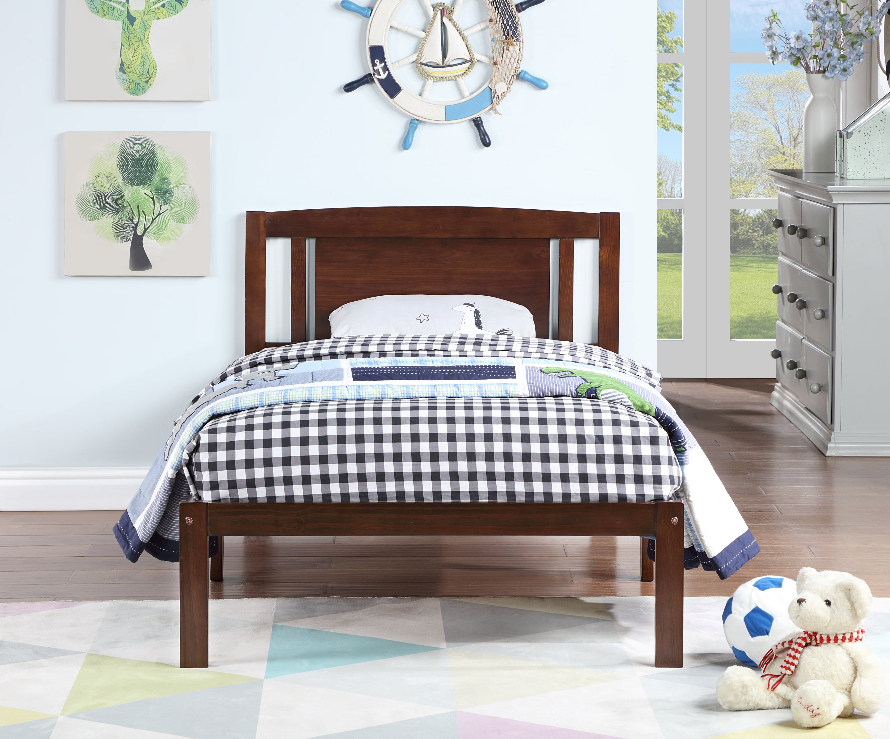 Twin Size Bed, Wood Platform Bed Frame with Headboard For Kids, Slatted, Dark Walnut - Atlantic Fine Furniture Melbourne FL