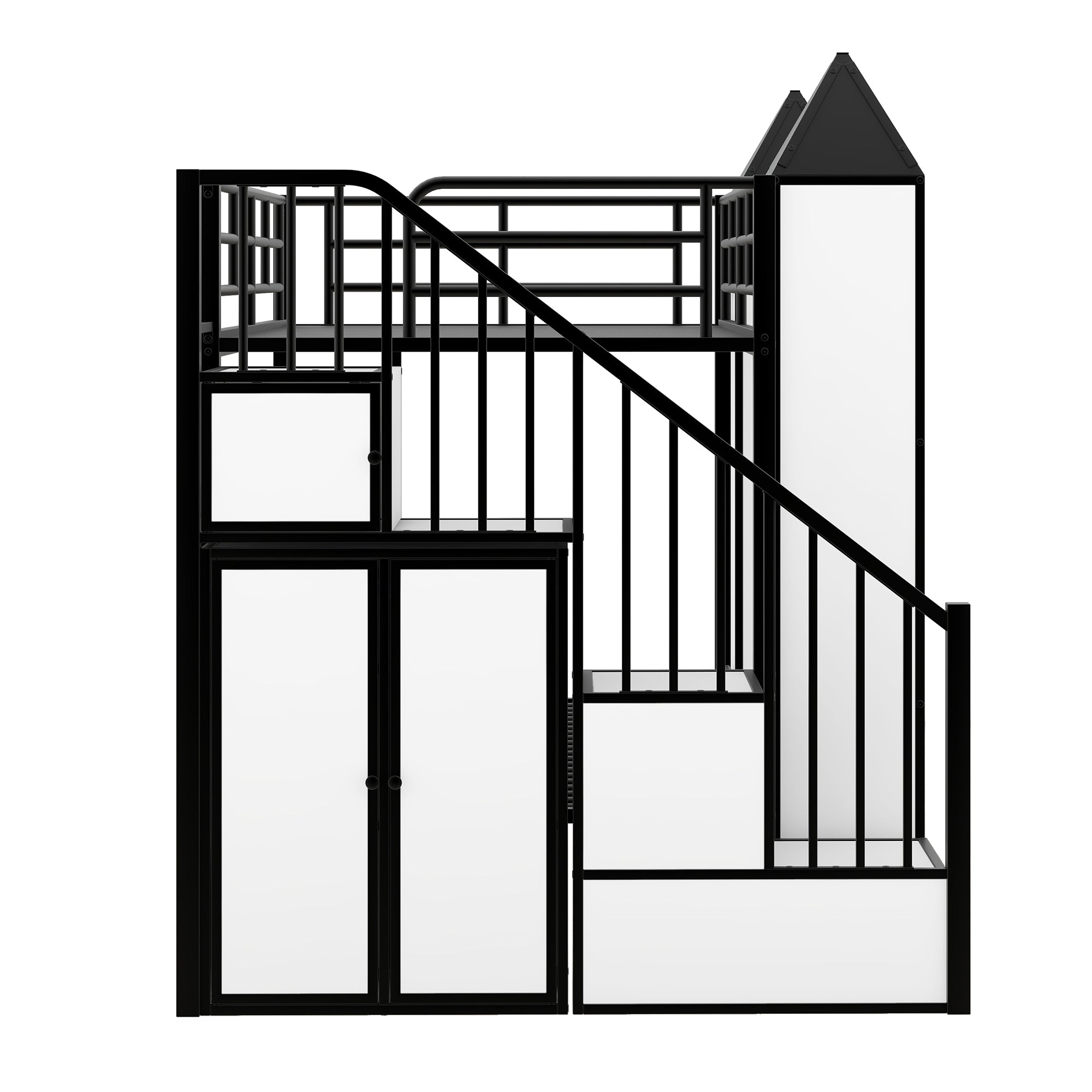 Metal Twin over Twin Castle-shaped Bunk Bed with Wardrobe and Multiple Storage, Black+White - Atlantic Fine Furniture Melbourne FL