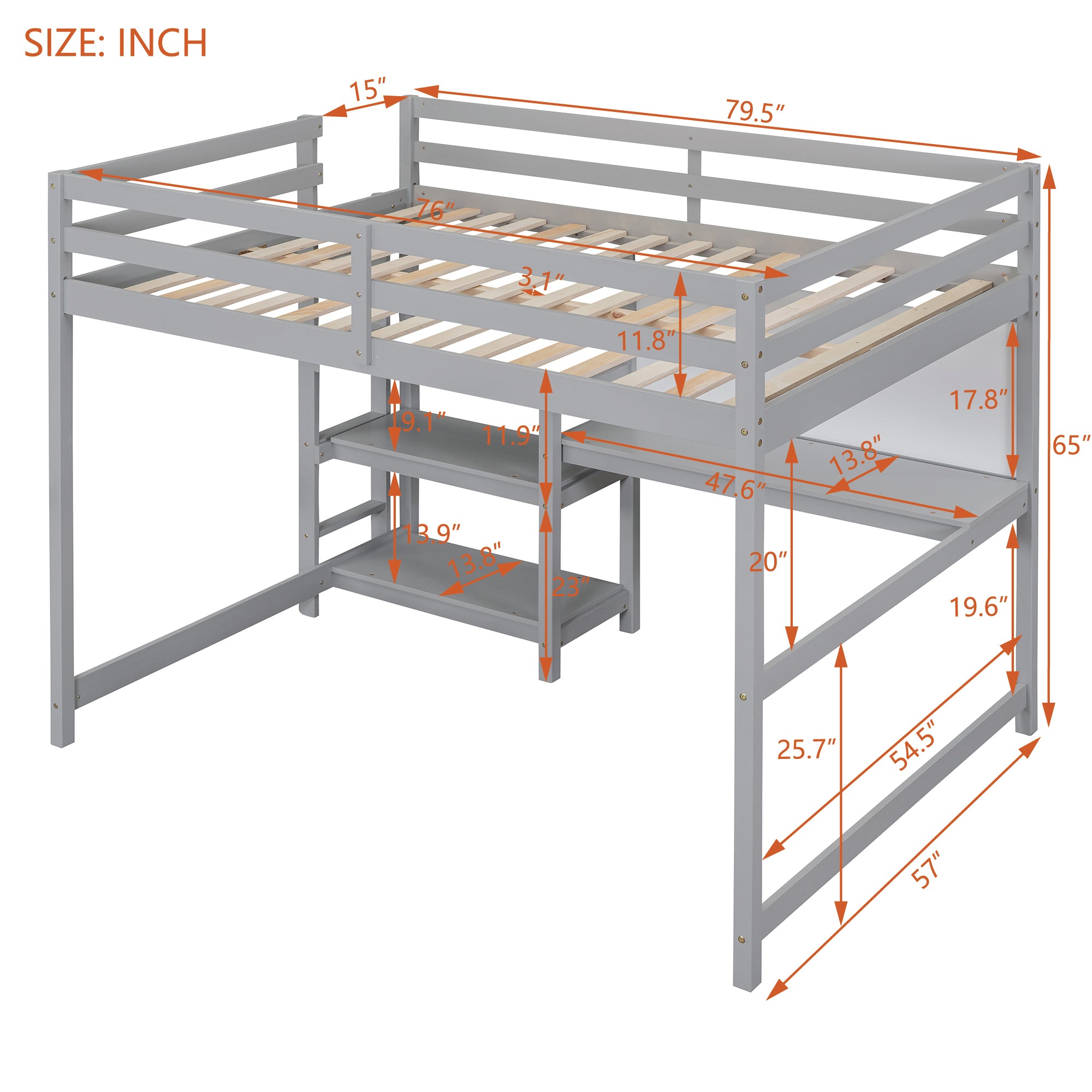 Full Size Wooden Loft Bed with Shelves, Desk and Writing Board - Gray - Atlantic Fine Furniture Melbourne FL