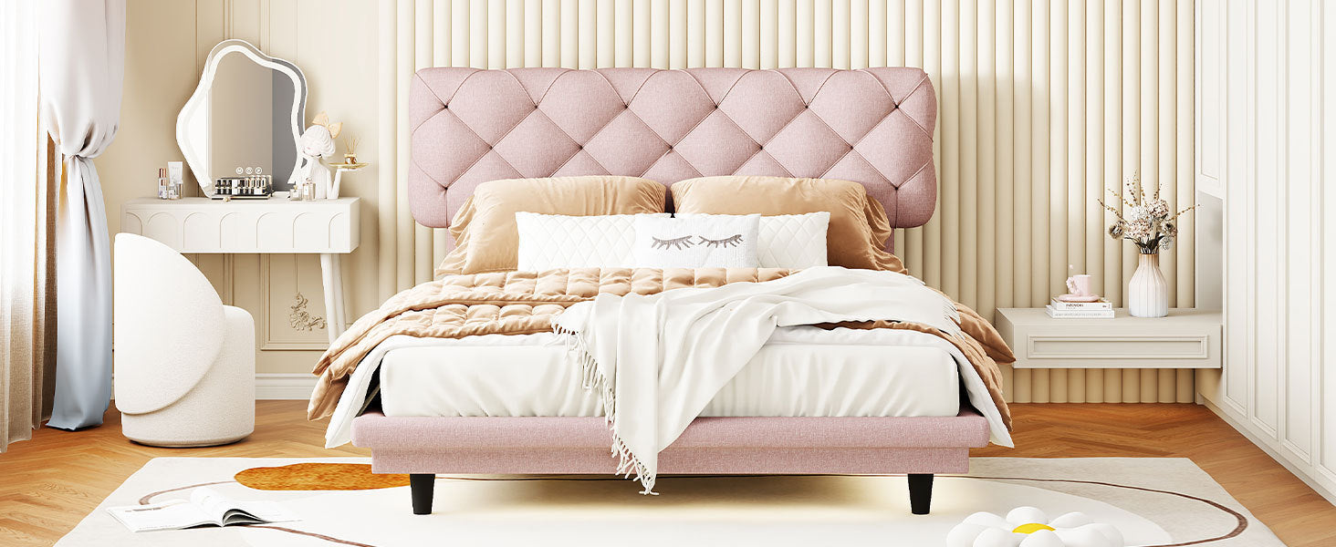 Full Size Upholstered Bed with Light Stripe, Floating Platform Bed, Linen Fabric,Pink - Atlantic Fine Furniture Melbourne FL