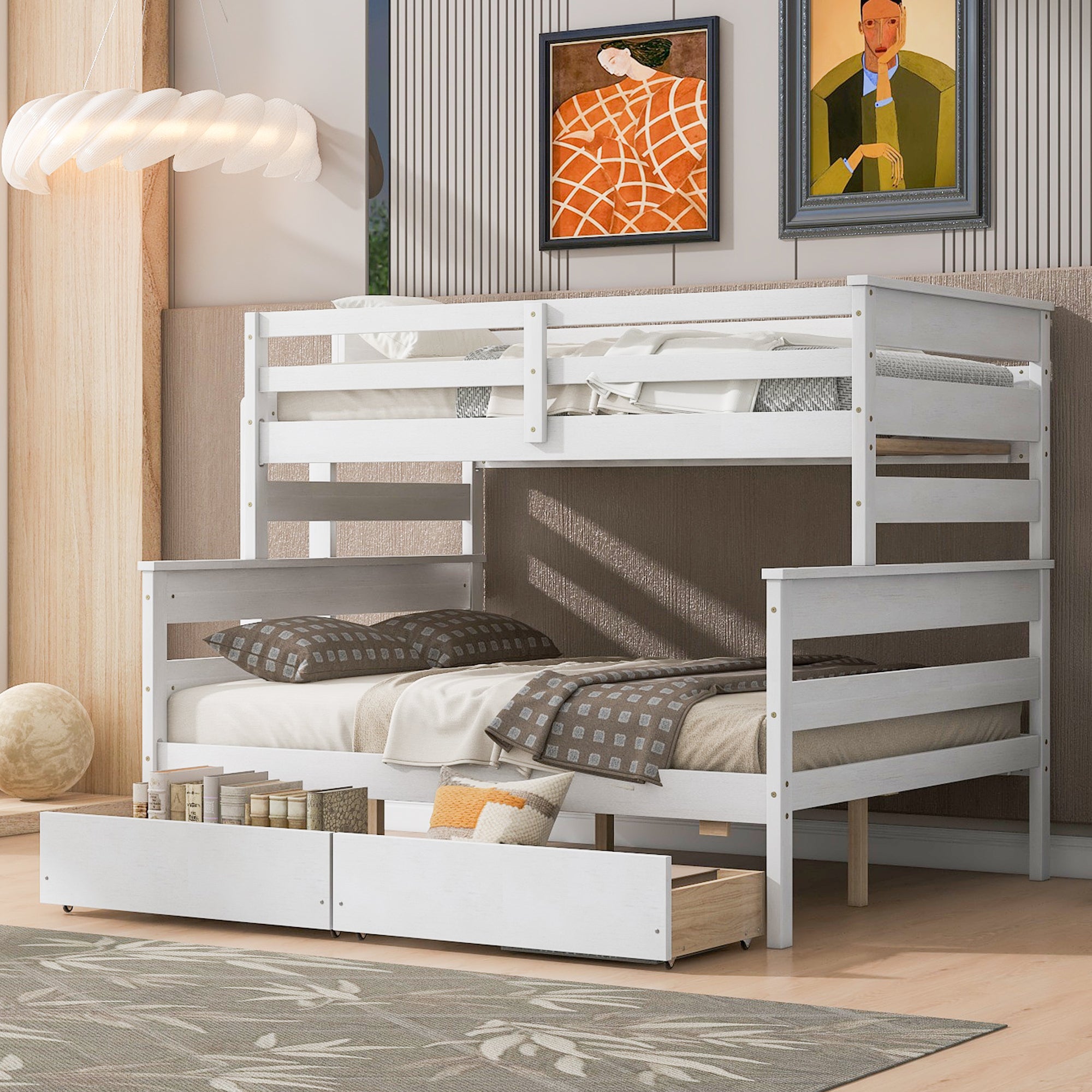 Wood Twin over Full Bunk Bed with 2 Drawers, White - Atlantic Fine Furniture Melbourne FL