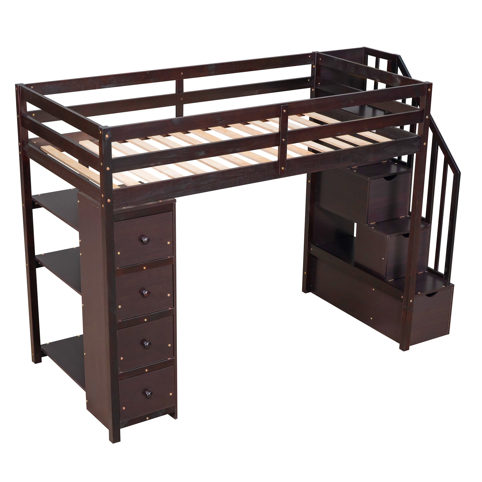 Twin size Loft Bed with Storage Drawers and Stairs, Wooden Loft Bed with Shelves - Espresso - Atlantic Fine Furniture Melbourne FL
