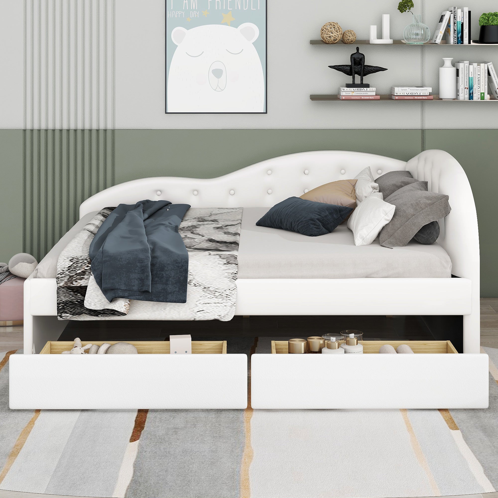 Full Size PU Upholstered Tufted Daybed with Two Drawers and Cloud Shaped Guardrail, White - Atlantic Fine Furniture Melbourne FL