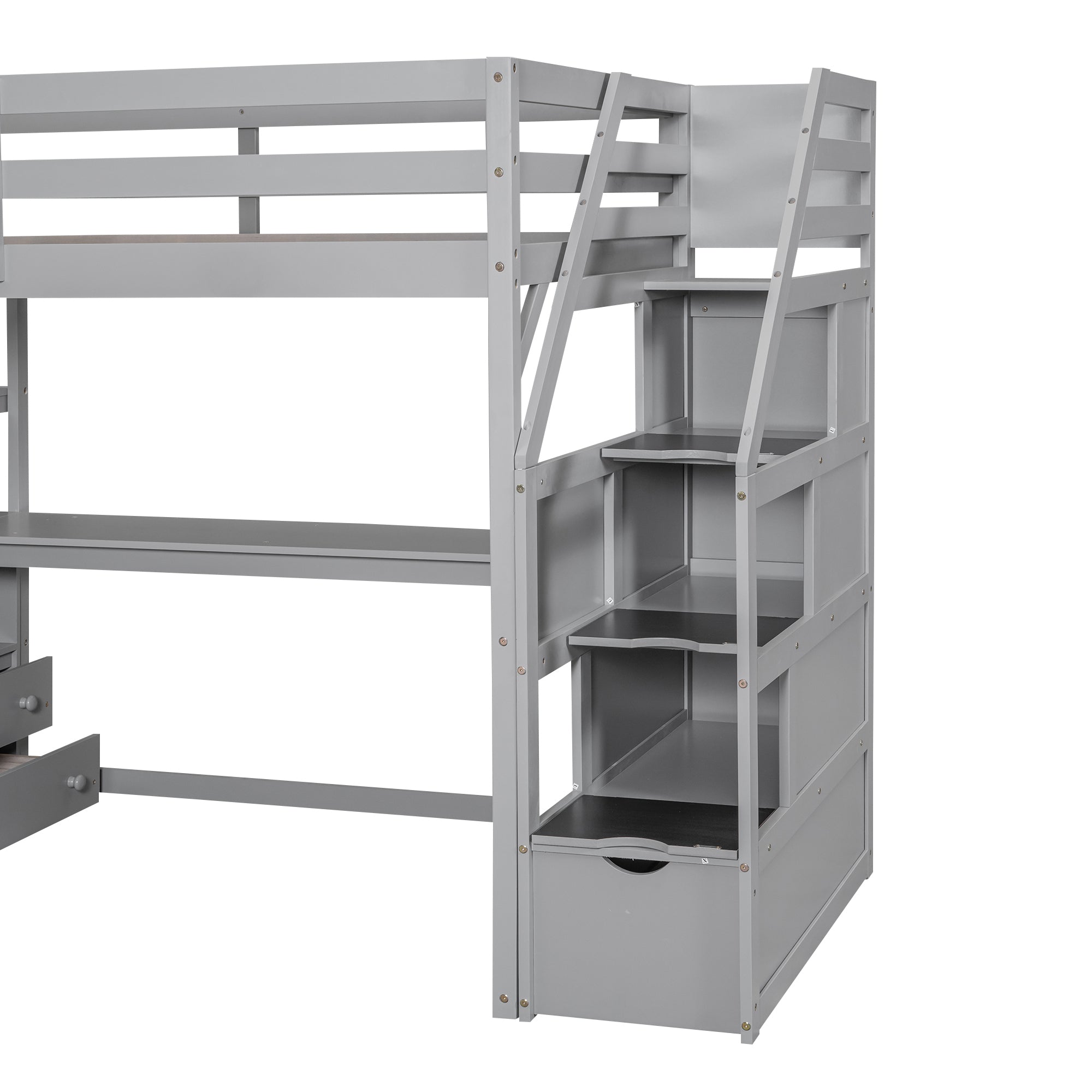 Twin Size Loft Bed with Desk and Shelves, Two Built-in Drawers, Storage Staircase, Gray - Atlantic Fine Furniture Melbourne FL