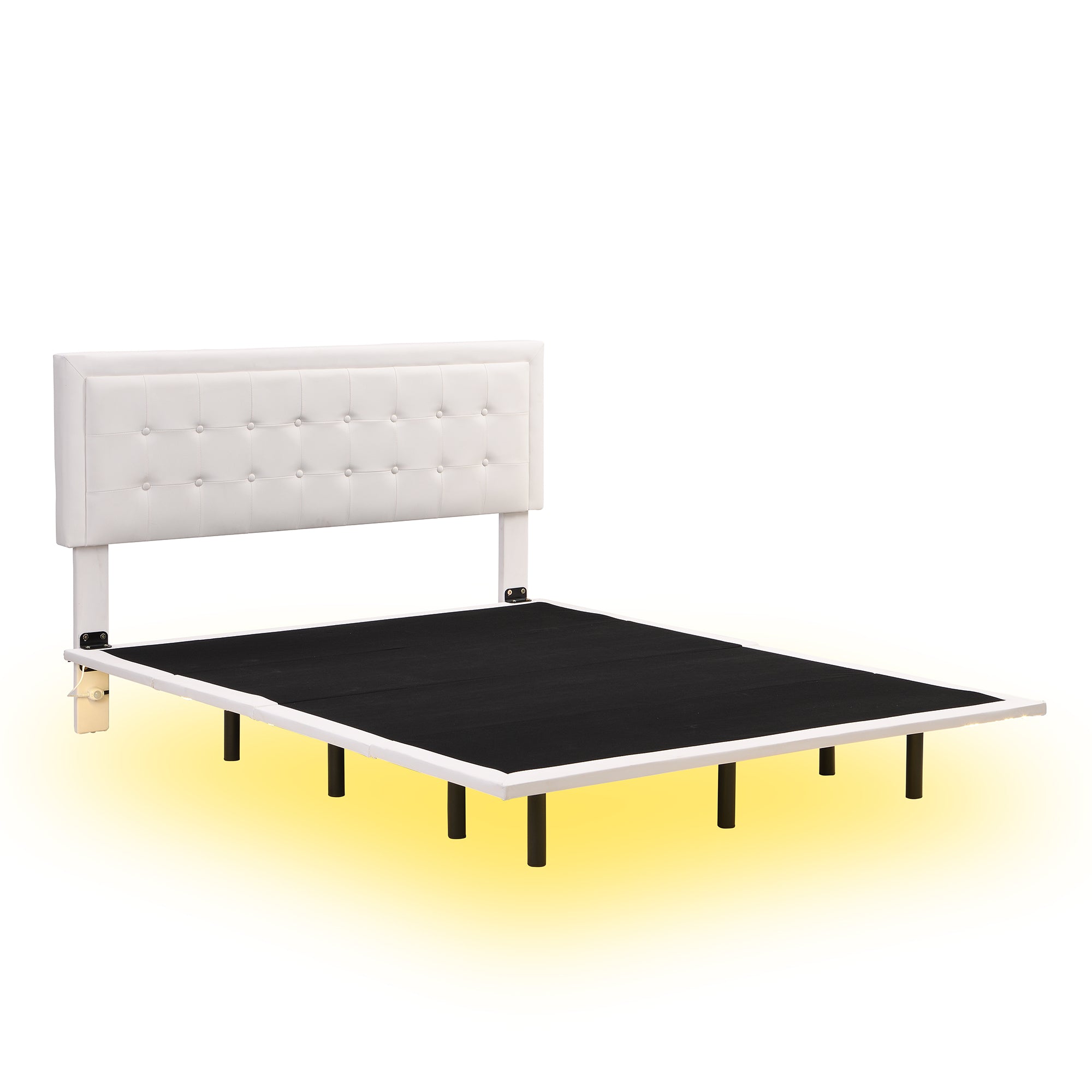 Queen Size Floating Bed Frame with Motion Activated Night Lights,Modern PU Upholstered Button Tufted Platform Bed Frame,White - Atlantic Fine Furniture Melbourne FL
