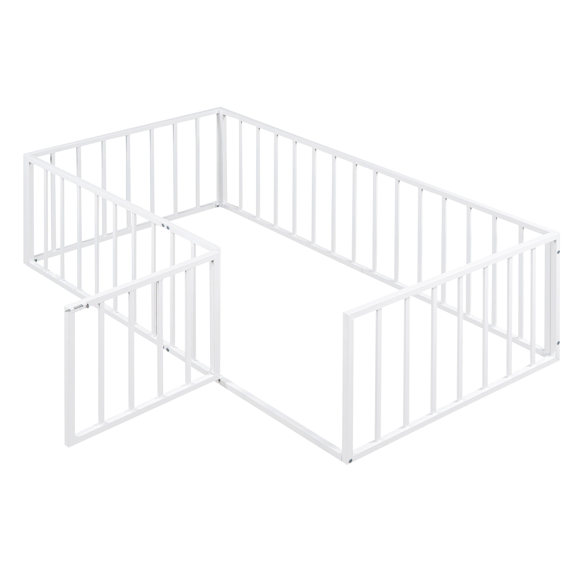 Twin Size Metal Floor Bed Frame with Fence and Door, White