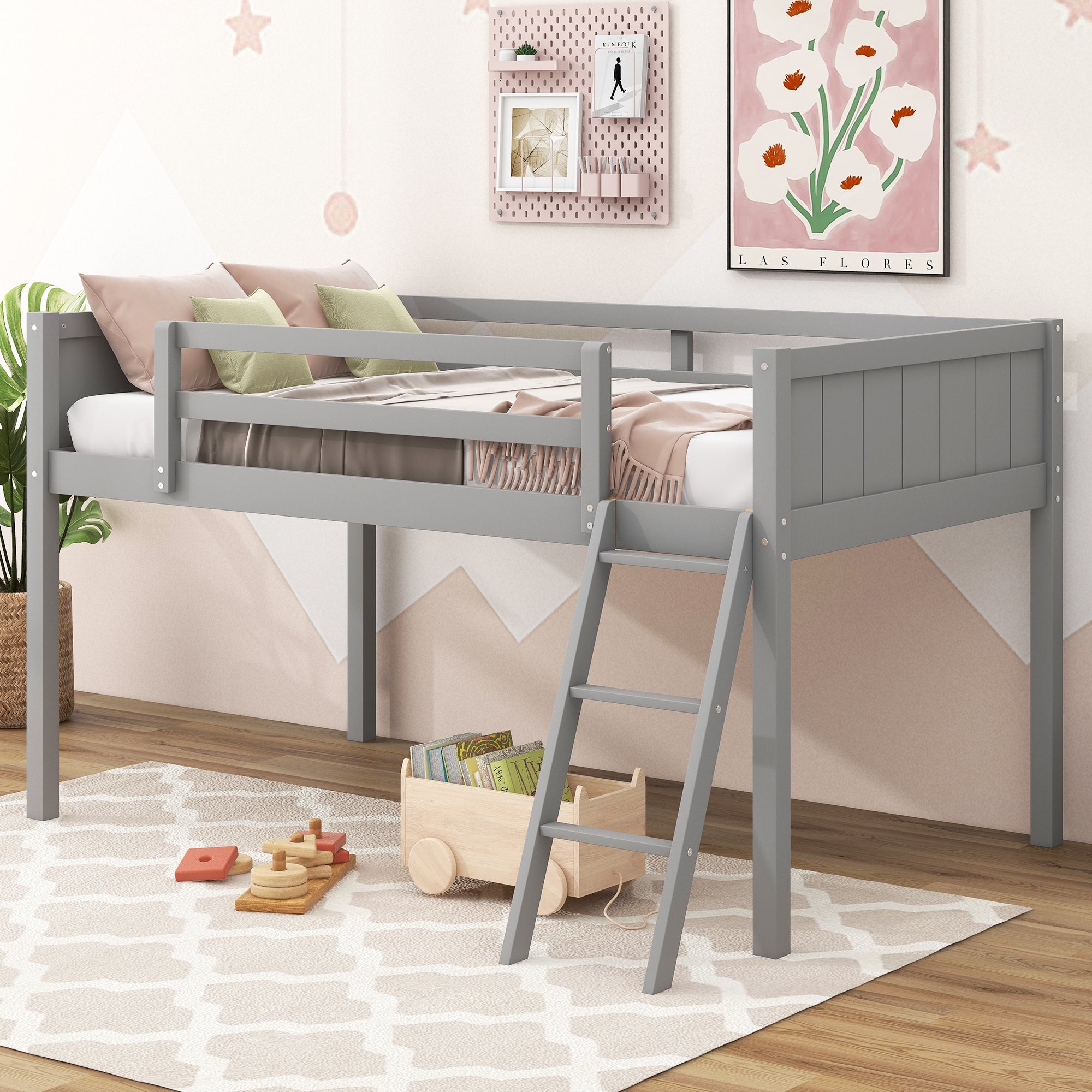 Twin Size Wood Loft Bed with Ladder, ladder can be placed on the left or right, Gray - Atlantic Fine Furniture Melbourne FL