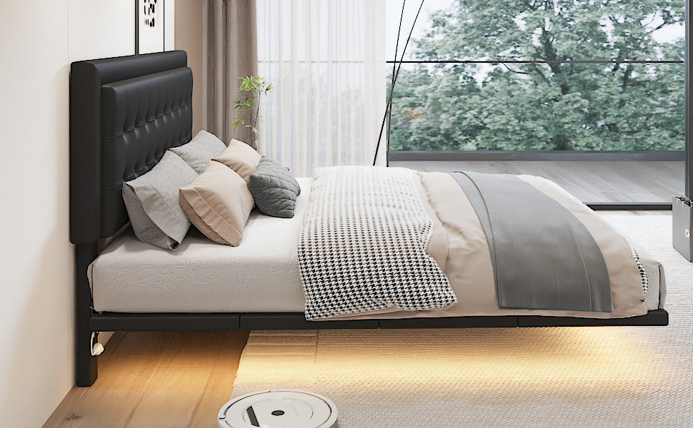 Queen Size Floating Bed Frame with Motion Activated Night Lights,Modern PU Upholstered Button Tufted Platform Bed Frame,Black - Atlantic Fine Furniture Melbourne FL