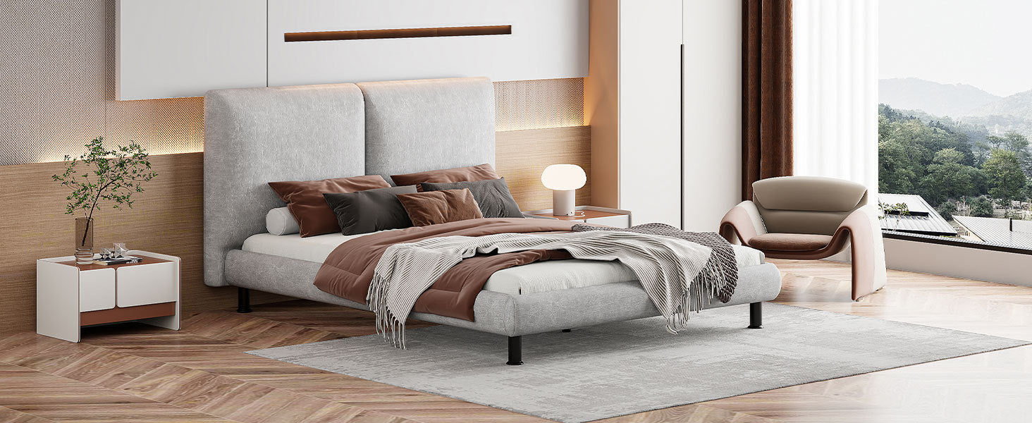 Queen Size Upholstered Platform Bed with Two Large Headrests and Thick Fabric, Polyester, Beige - Atlantic Fine Furniture Melbourne FL
