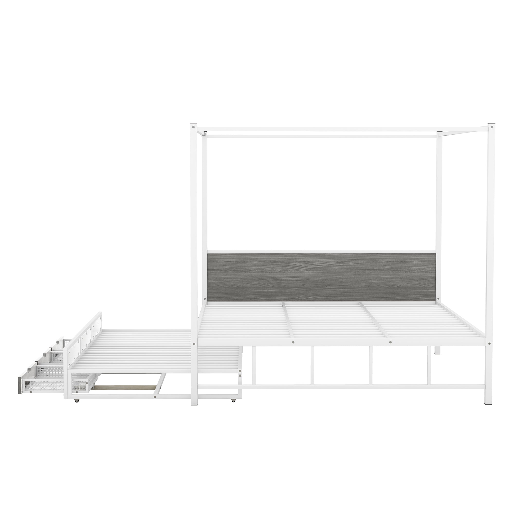 Queen Size Metal Canopy Platform Bed with Twin Size Trundle and 3 Storage Drawers, White - Atlantic Fine Furniture Melbourne FL