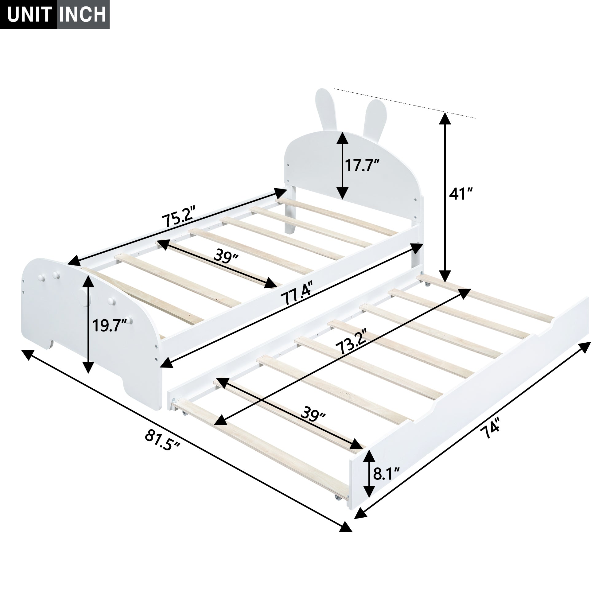 Wood Twin Size Platform Bed with Cartoon Ears Shaped Headboard and Trundle, White - Atlantic Fine Furniture Melbourne FL