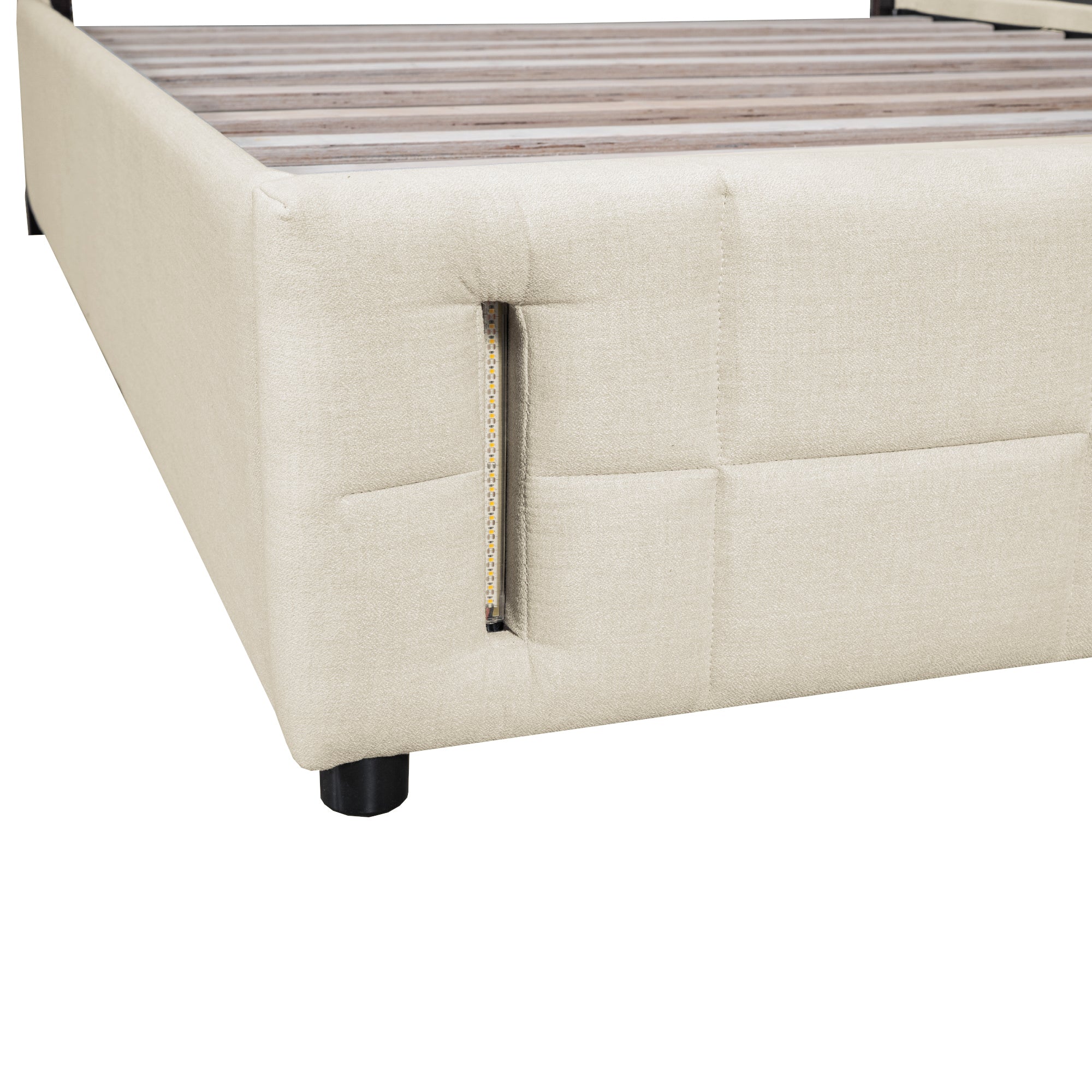 Full Size Upholstered Bed with Hydraulic Storage System and LED Light, Beige