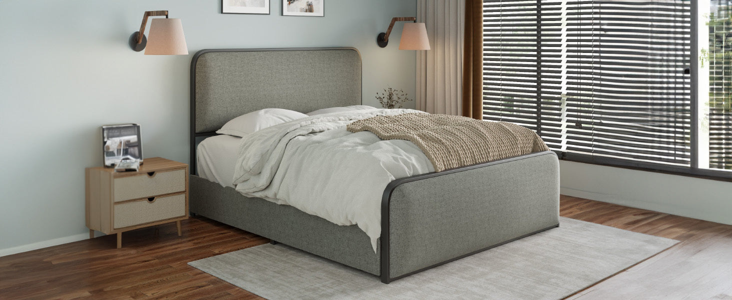 Modern Metal Bed Frame with Curved Upholstered Headboard and Footboard Bed with 4 Storage Drawers, Heavy Duty Metal Slats, King Size, Grey - Atlantic Fine Furniture Melbourne FL