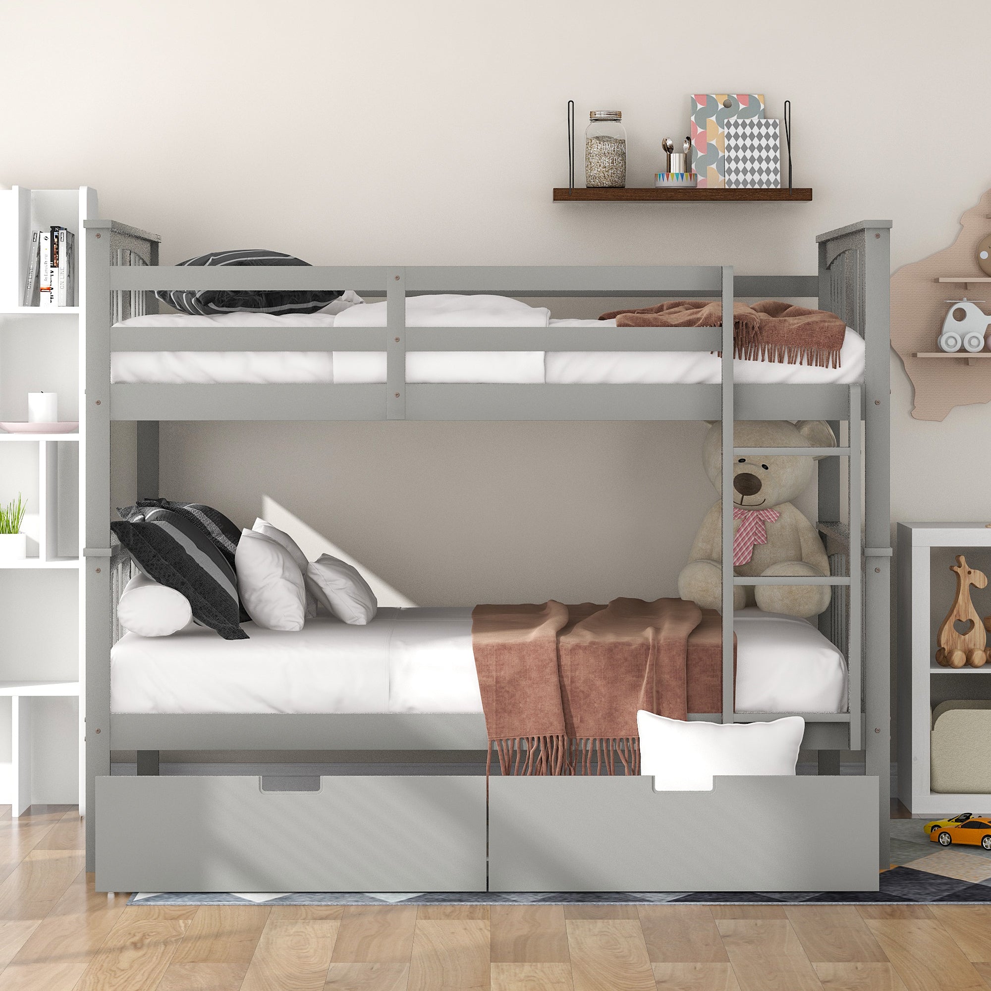 Full over Full Bunk Bed with Drawers and Ladder for Bedroom, Guest Room Furniture-Gray(OLD SKU :LP000205AAE) - Atlantic Fine Furniture Melbourne FL