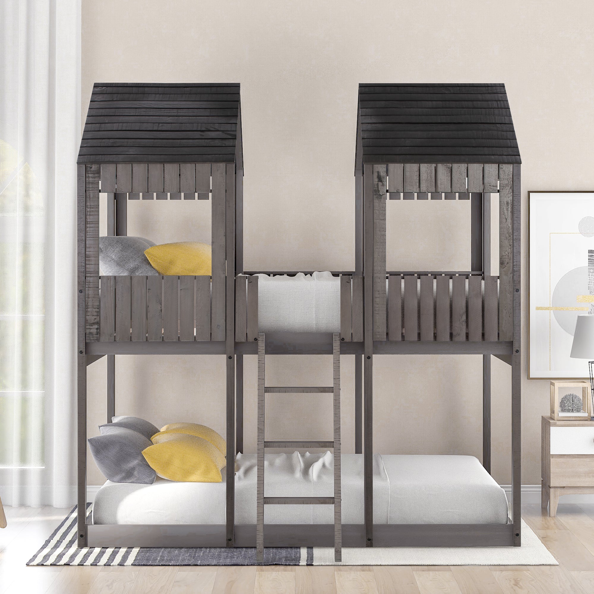 Full Over Full WoodBunk Bed with Roof, Window, Guardrail, Ladder(Antique Gray)( old sku: LT000031AAE ) - Atlantic Fine Furniture Melbourne FL