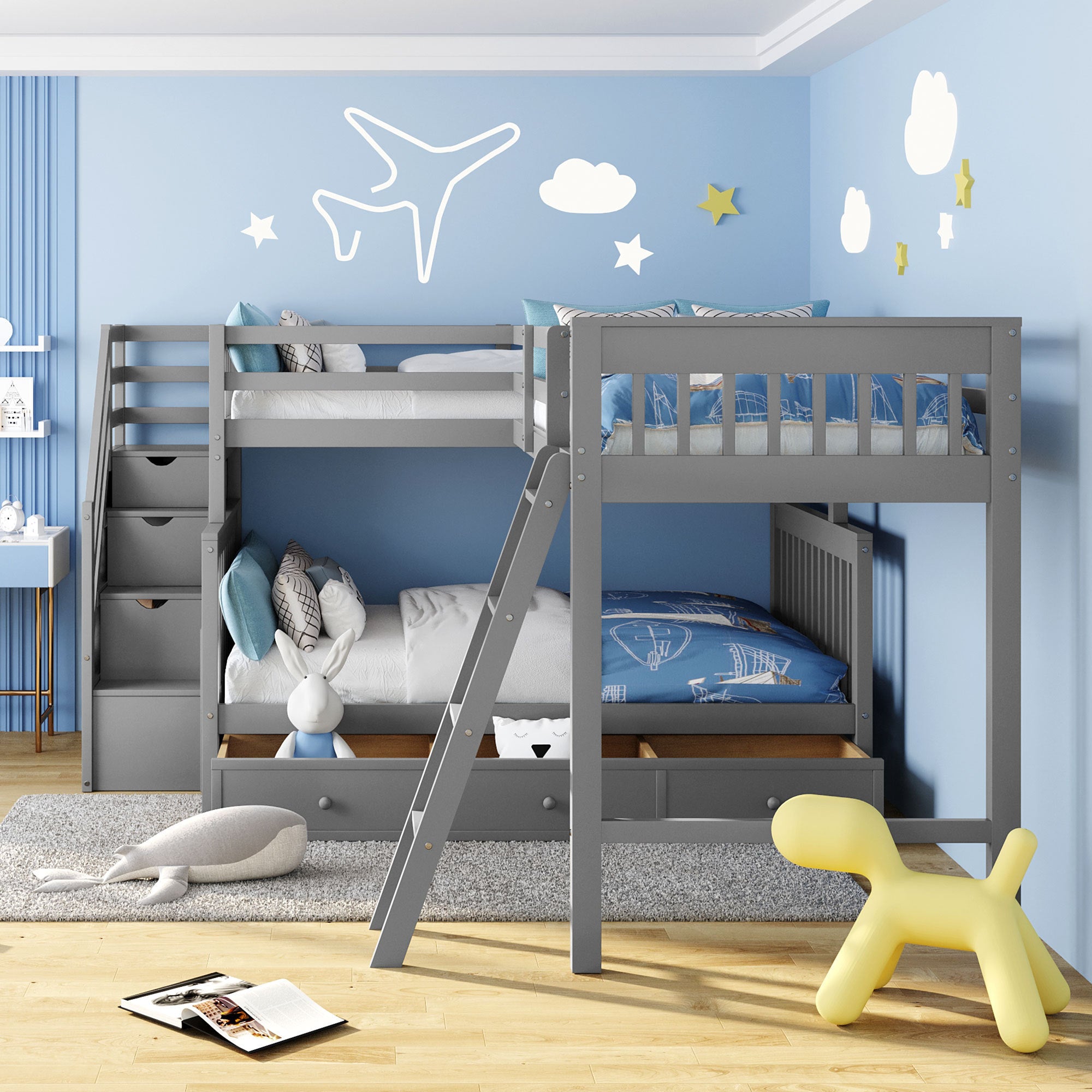 Twin over Full L-Shaped Bunk Bed With 3 Drawers, Ladder and Staircase - Gray - Atlantic Fine Furniture Melbourne FL