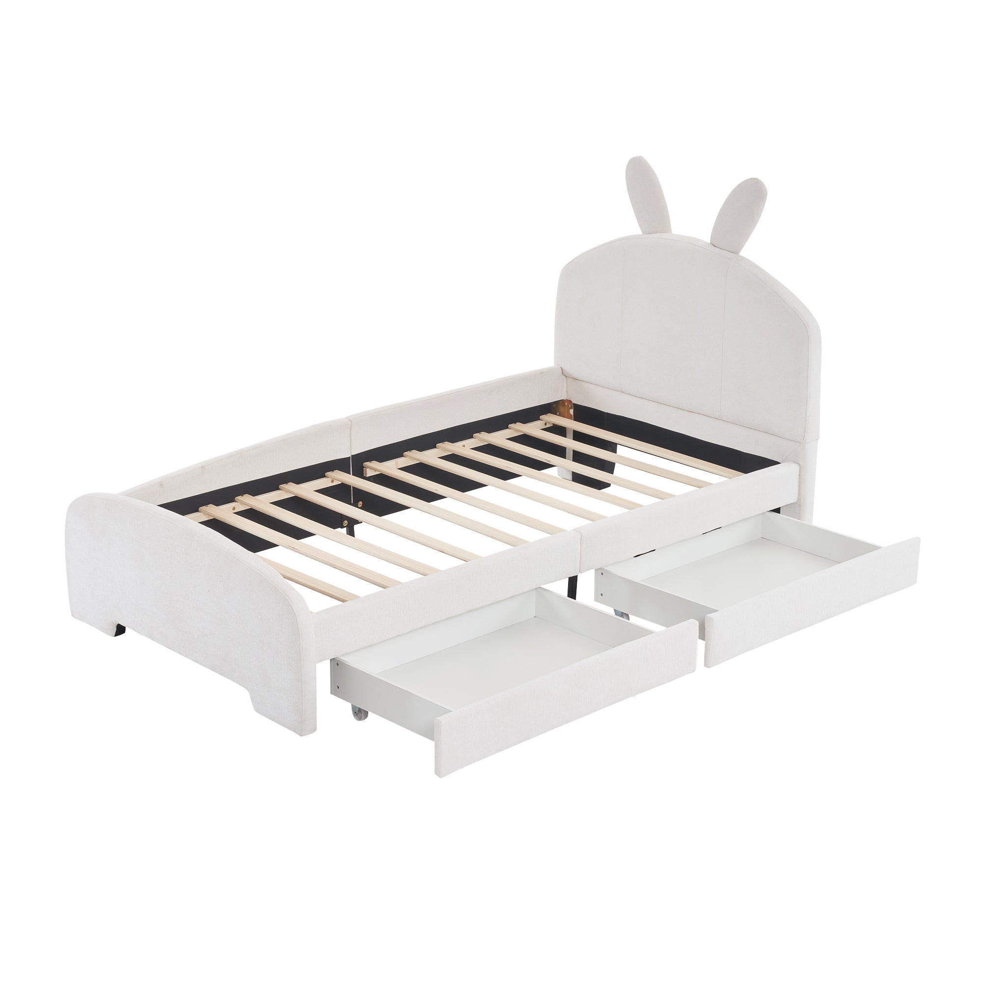 Twin Size Upholstered Platform Bed with Cartoon Ears Shaped Headboard and 2 Drawers, White - Atlantic Fine Furniture Melbourne FL