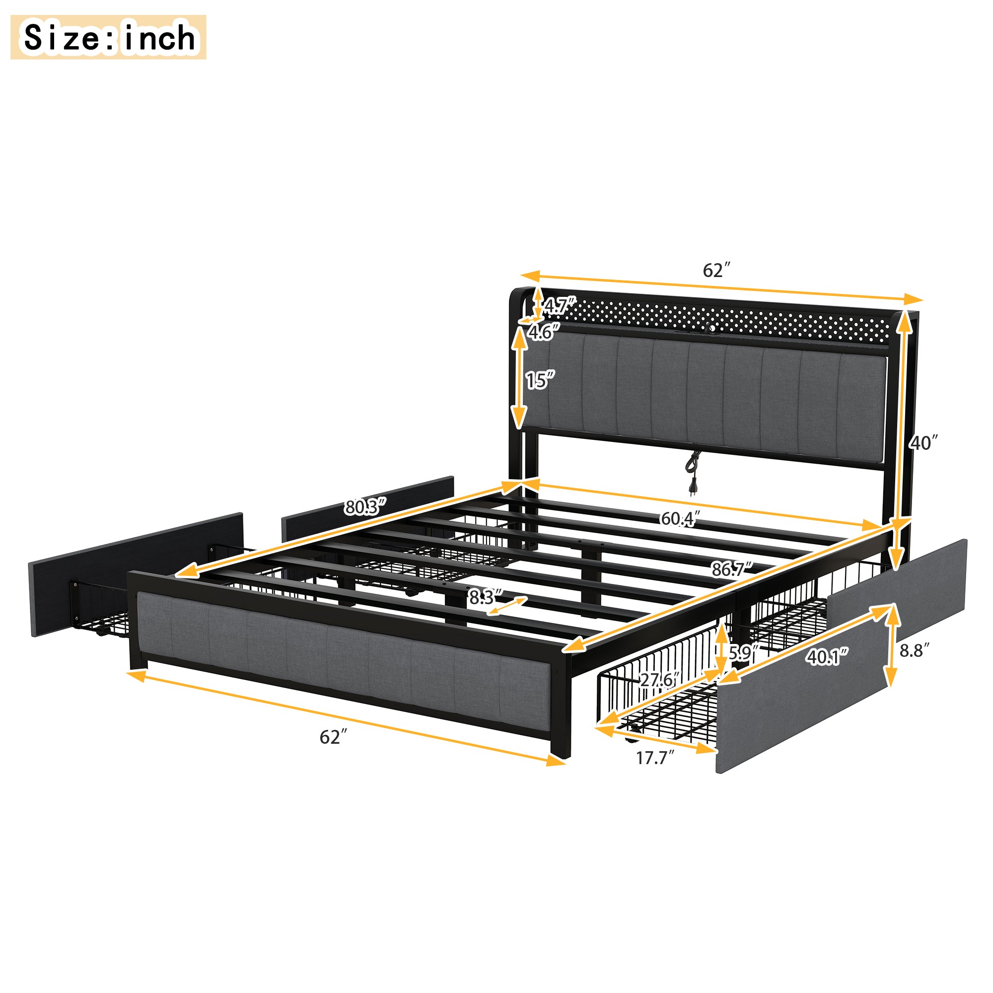 Queen Bed Frame with LED Headboard, Upholstered Bed with 4 Storage Drawers and USB Ports, Dark Grey - Atlantic Fine Furniture Melbourne FL