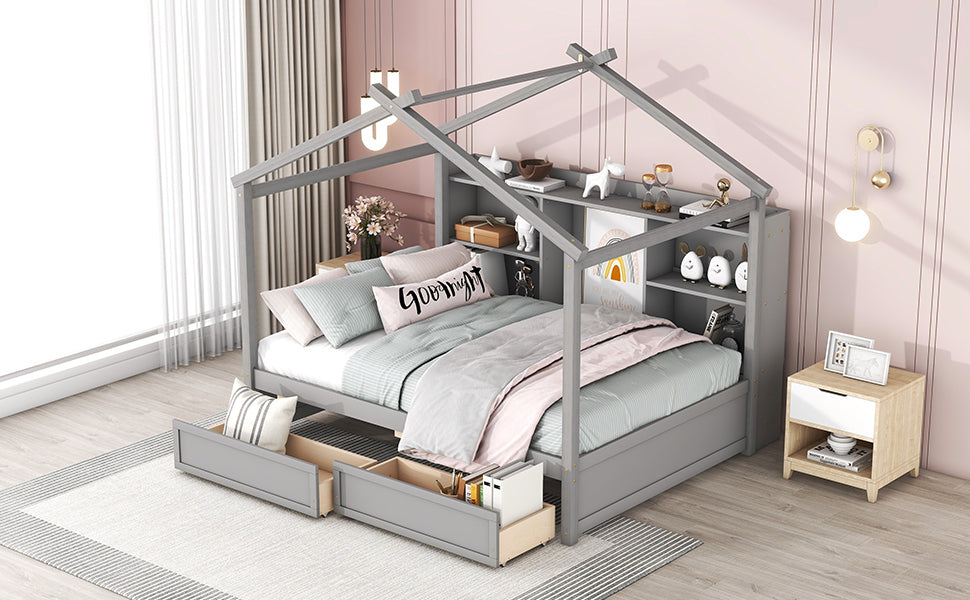 Full Size House Bed with Storage Shelves and 2 Drawers, Brushed Gray - Atlantic Fine Furniture Melbourne FL