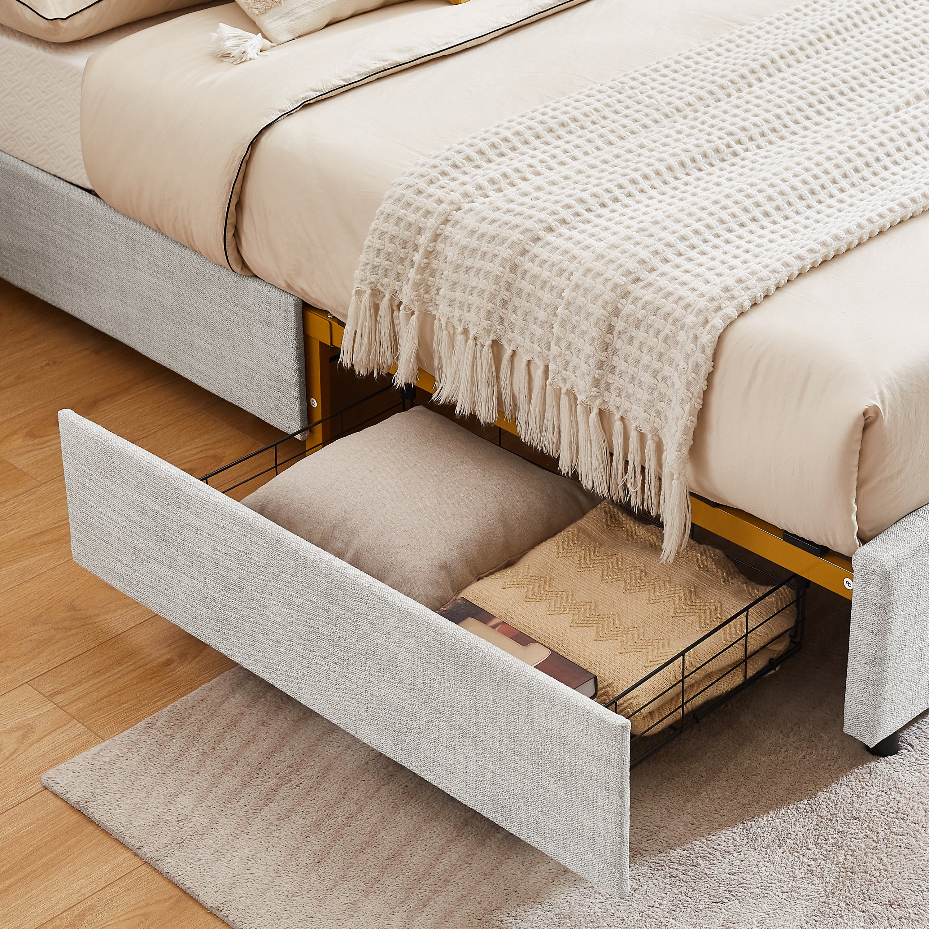 Classic steamed bread shaped backrest, metal frame, solid wood ribs, with four storage drawers, sponge soft bag, comfortable and elegant atmosphere, light gray, Full- size, F sleeping bed - Atlantic Fine Furniture Melbourne FL
