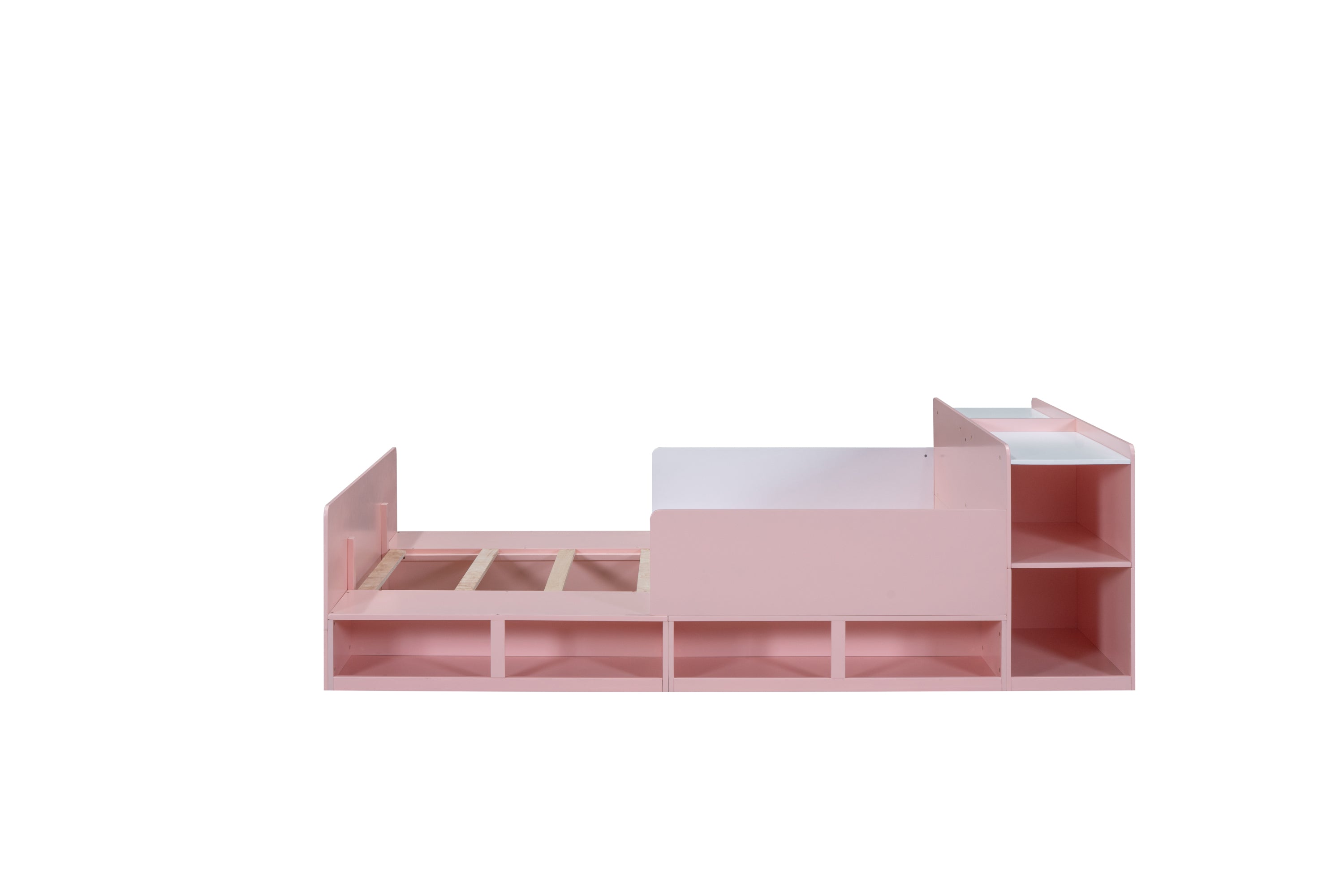 Wood Full Size Platform Bed with Storage Headboard, Guardrails and 4 Underneath Cabinets, Pink - Atlantic Fine Furniture Melbourne FL