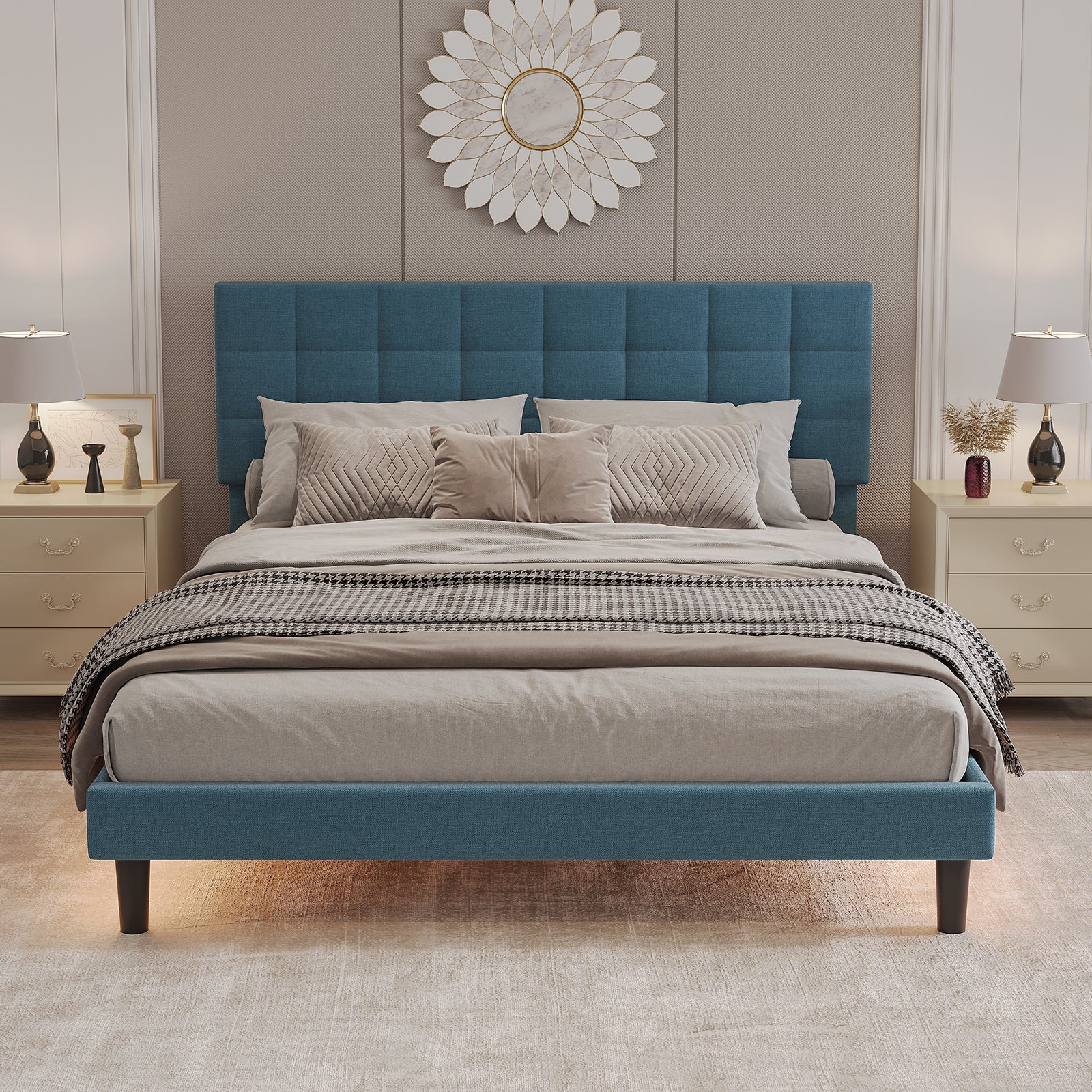 Queen Size Upholstered Platform Bed Linen Bed Frame with Lights Square Stitched Adjustable Headboard Strong Bed Slats System No Box Spring Needed Blue - Atlantic Fine Furniture Melbourne FL