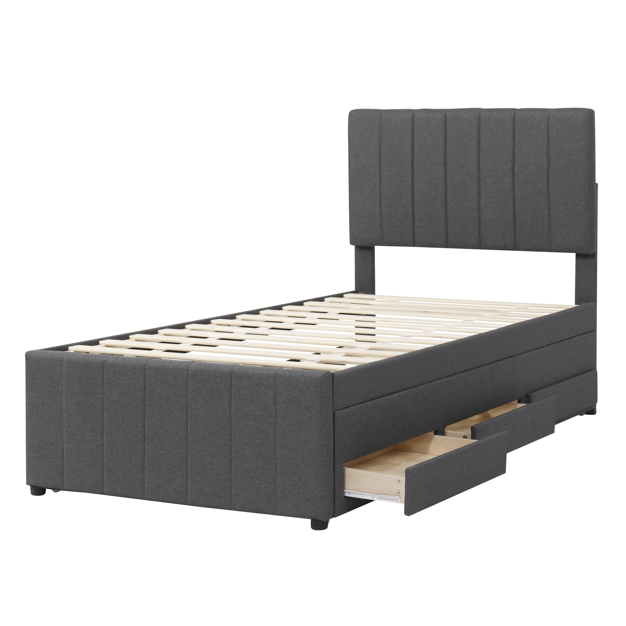 Twin Size Upholstered Platform Bed with Trundle and 3 Drawers, Linen Fabric, Gray - Atlantic Fine Furniture Melbourne FL
