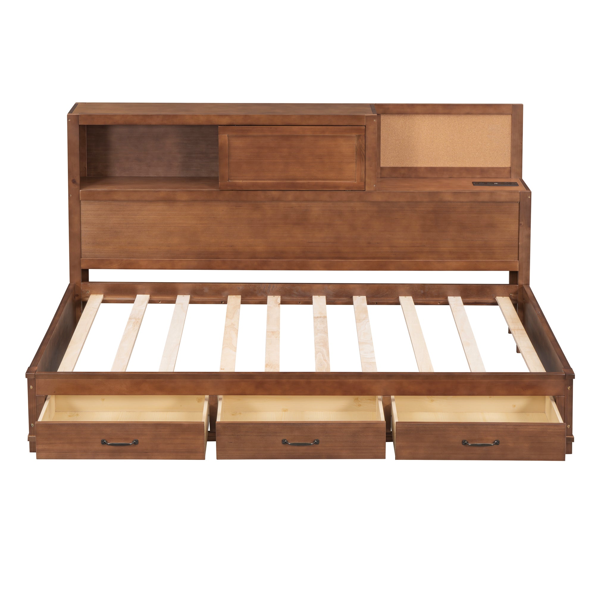 Twin Size Wooden Daybed with 3 Storage Drawers, Upper Soft Board, shelf, and a set of Sockets and USB Ports, Brown - Atlantic Fine Furniture Melbourne FL