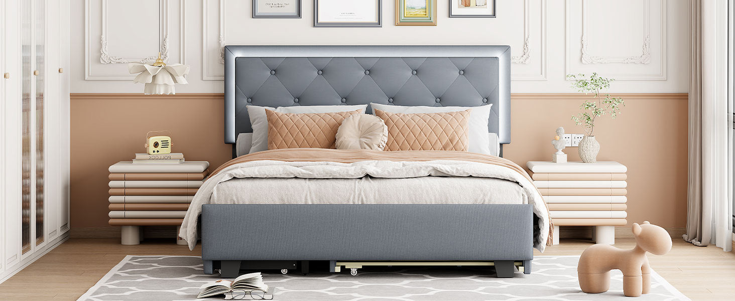 Queen Size Velvet Storage Platform Bed, with 2 Big Drawers, Twin XL Size Trundle and LED Light, Gray