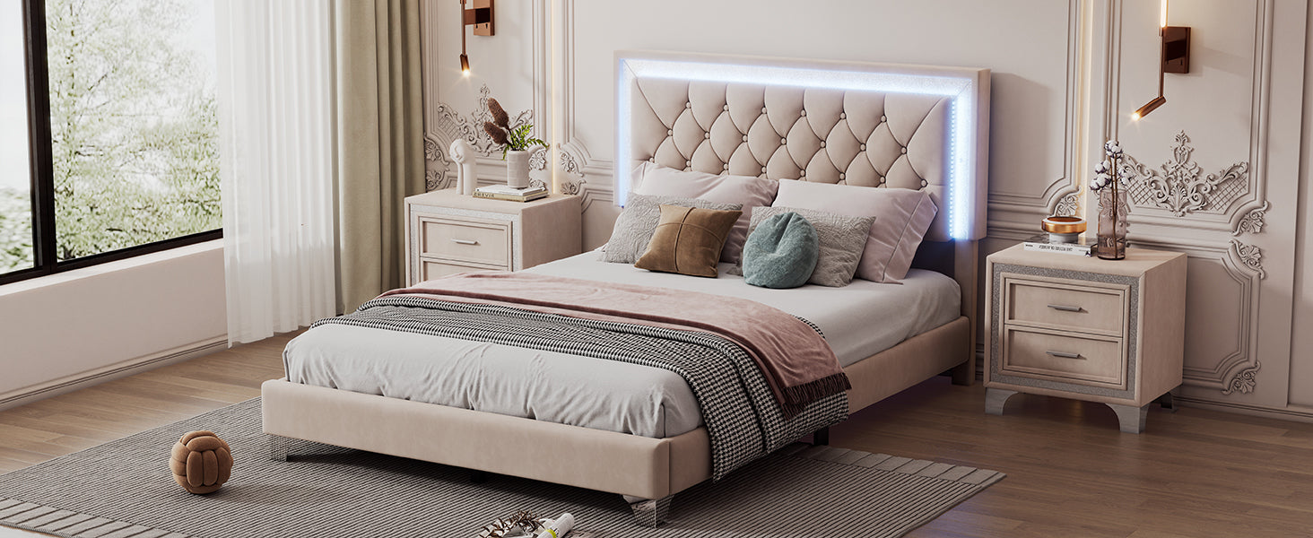 Full Size Upholstered Bed Frame with LED Lights,Modern Velvet Platform Bed with Tufted Headboard,Beige - Atlantic Fine Furniture Melbourne FL
