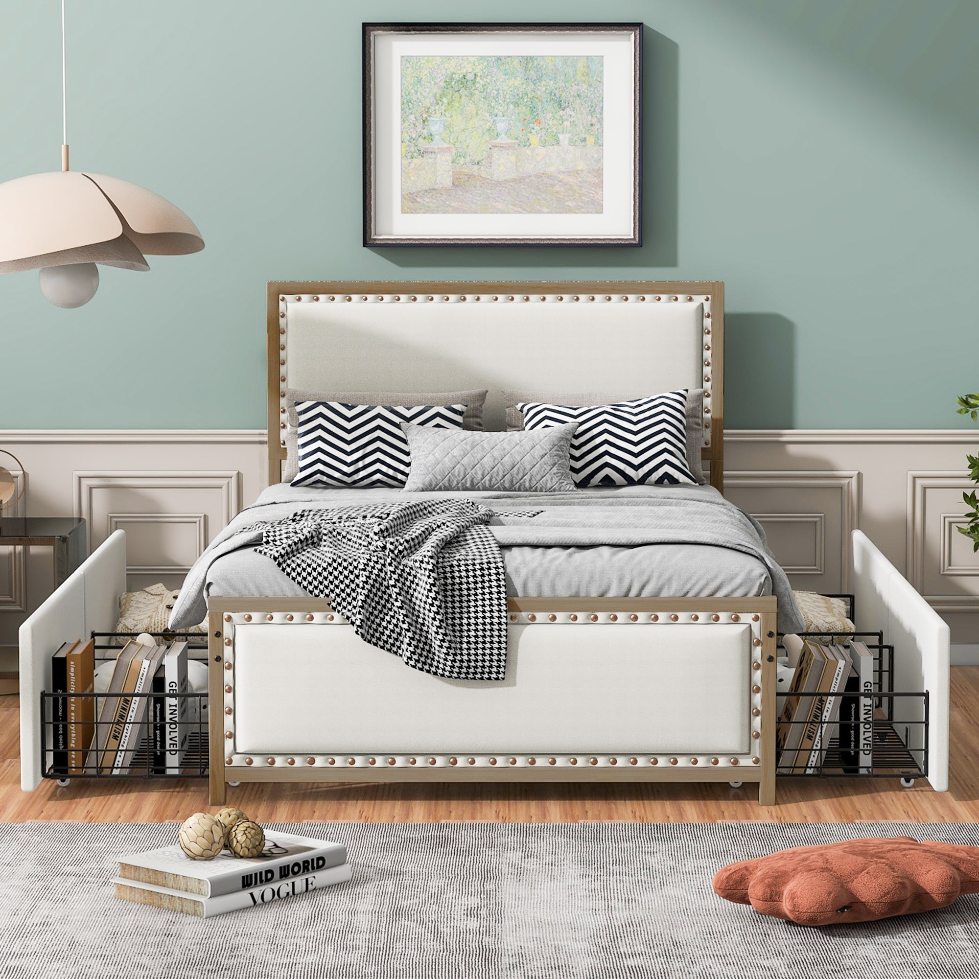 Full Size Upholstered Platform Bed with Nailhead Decoration and 4 Drawers, Brown - Atlantic Fine Furniture Melbourne FL