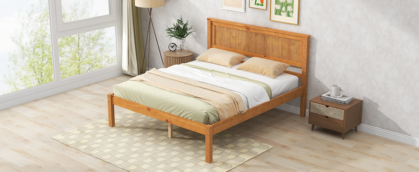 Platform Bed Frame with Headboard, Wood Slat Support, No Box Spring Needed, Full, Oak