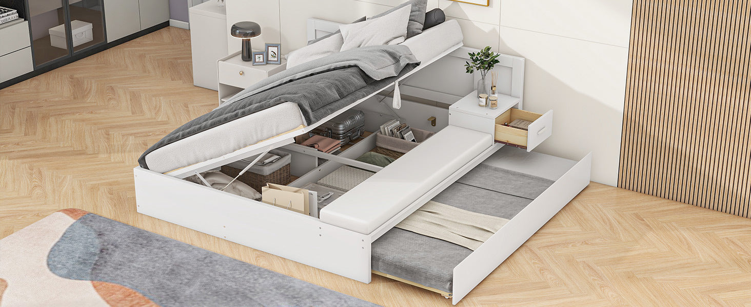 Full Size Wood Storage Hydraulic Platform Bed with Twin Size Trundle, Side Table and Lounge, White - Atlantic Fine Furniture Melbourne FL