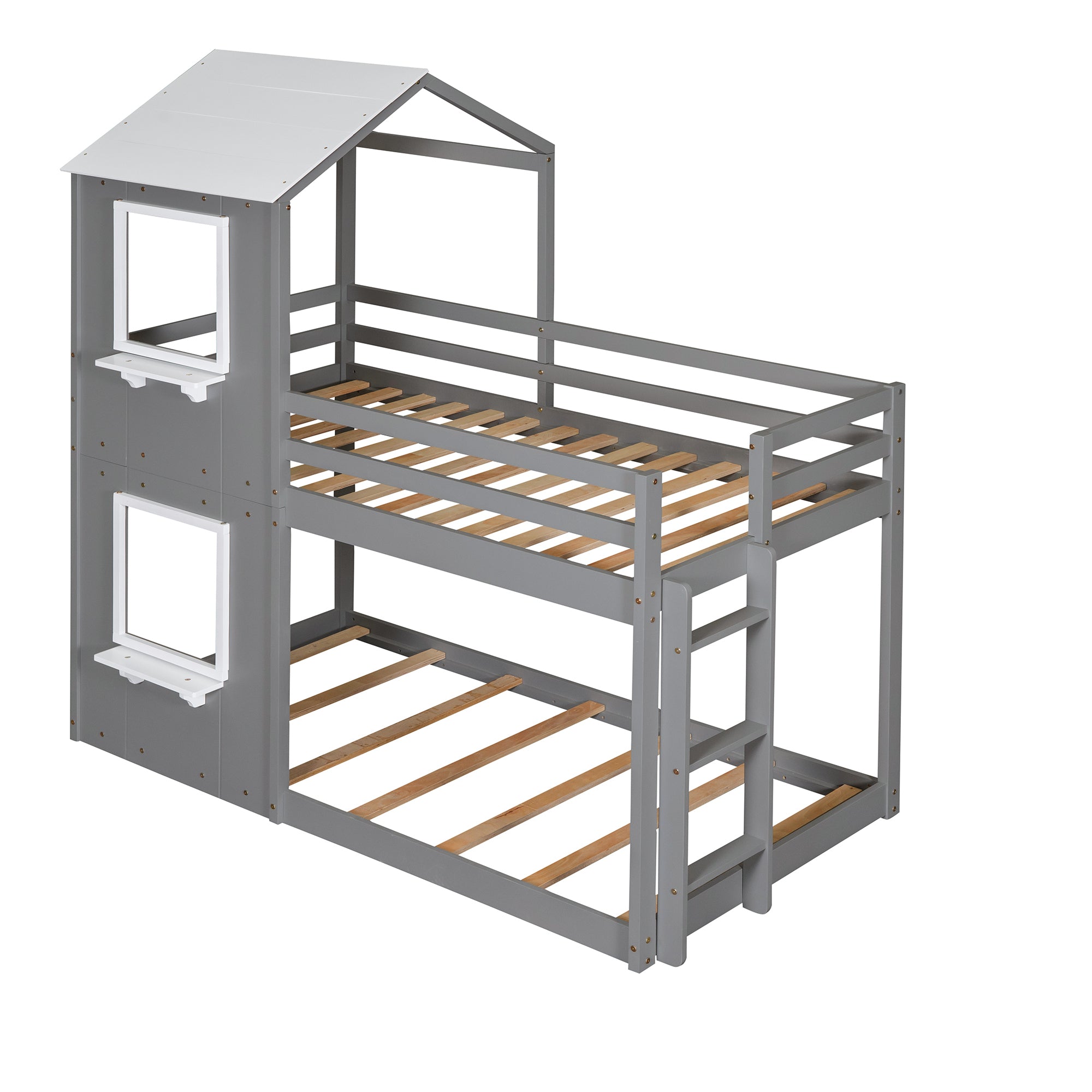 Twin Over Twin Bunk Bed Wood Bed with Roof, Window, Guardrail, Ladder (White) - Atlantic Fine Furniture Melbourne FL