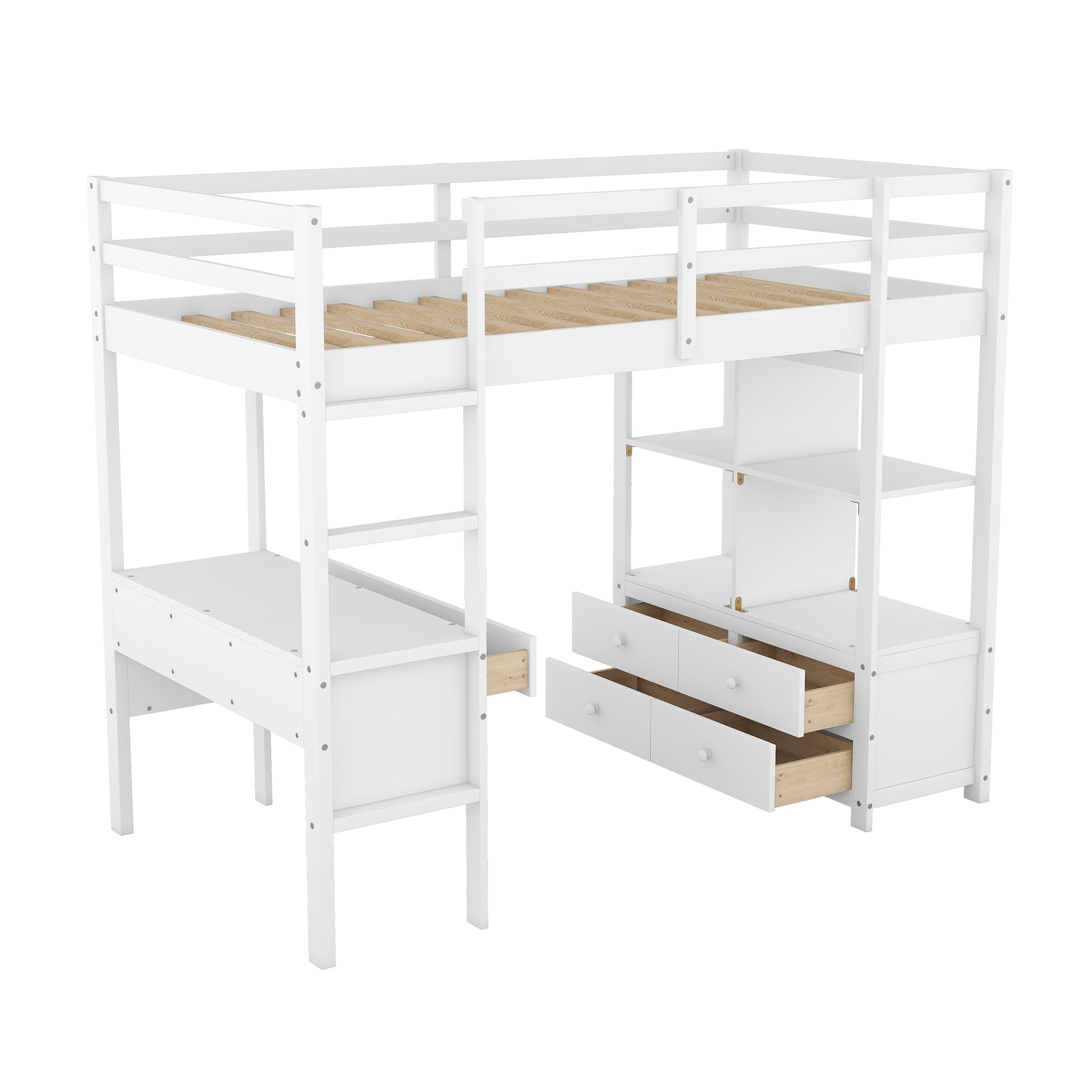 Twin Size Loft Bed with Built-in Desk with Two Drawers, and Storage Shelves and Drawers,White - Atlantic Fine Furniture Melbourne FL
