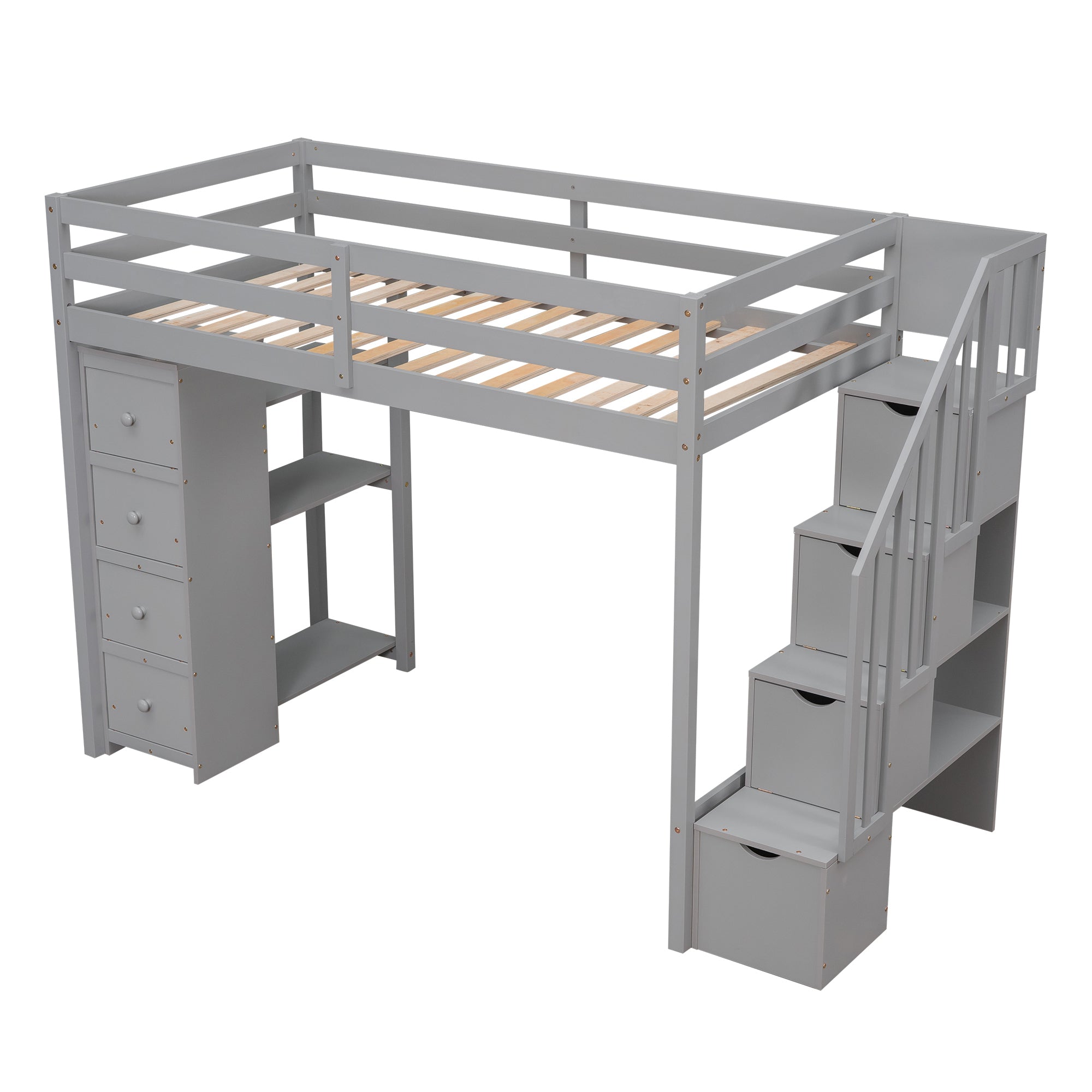 Twin size Loft Bed with Storage Drawers and Stairs, Wooden Loft Bed with Shelves - Gray - Atlantic Fine Furniture Melbourne FL