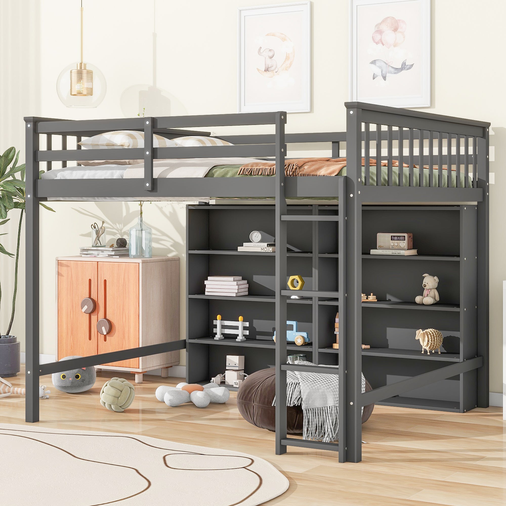 Full Size Loft Bed with 8 Open Storage Shelves and Built-in Ladder, Gray - Atlantic Fine Furniture Melbourne FL